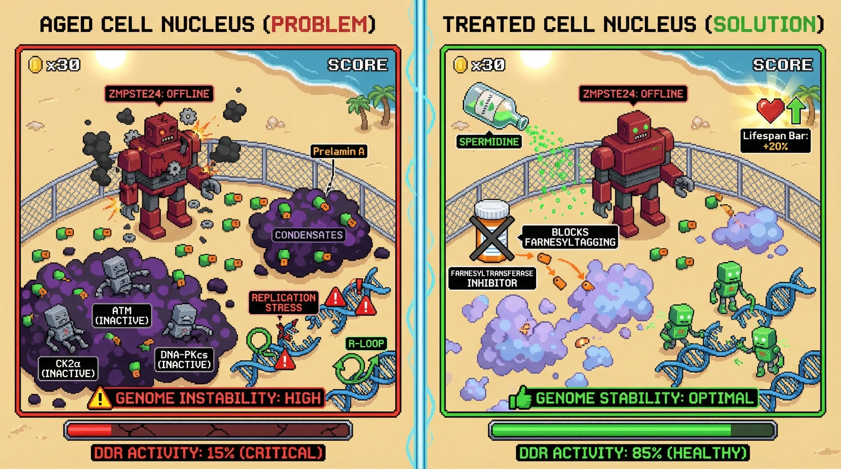 Infographic for: Phase‑Separation‑Driven Sequestration of DDR Kinases by Farnesylated Prelamin A Links ZMPSTE24 Decline to Age‑Related Genomic Instability