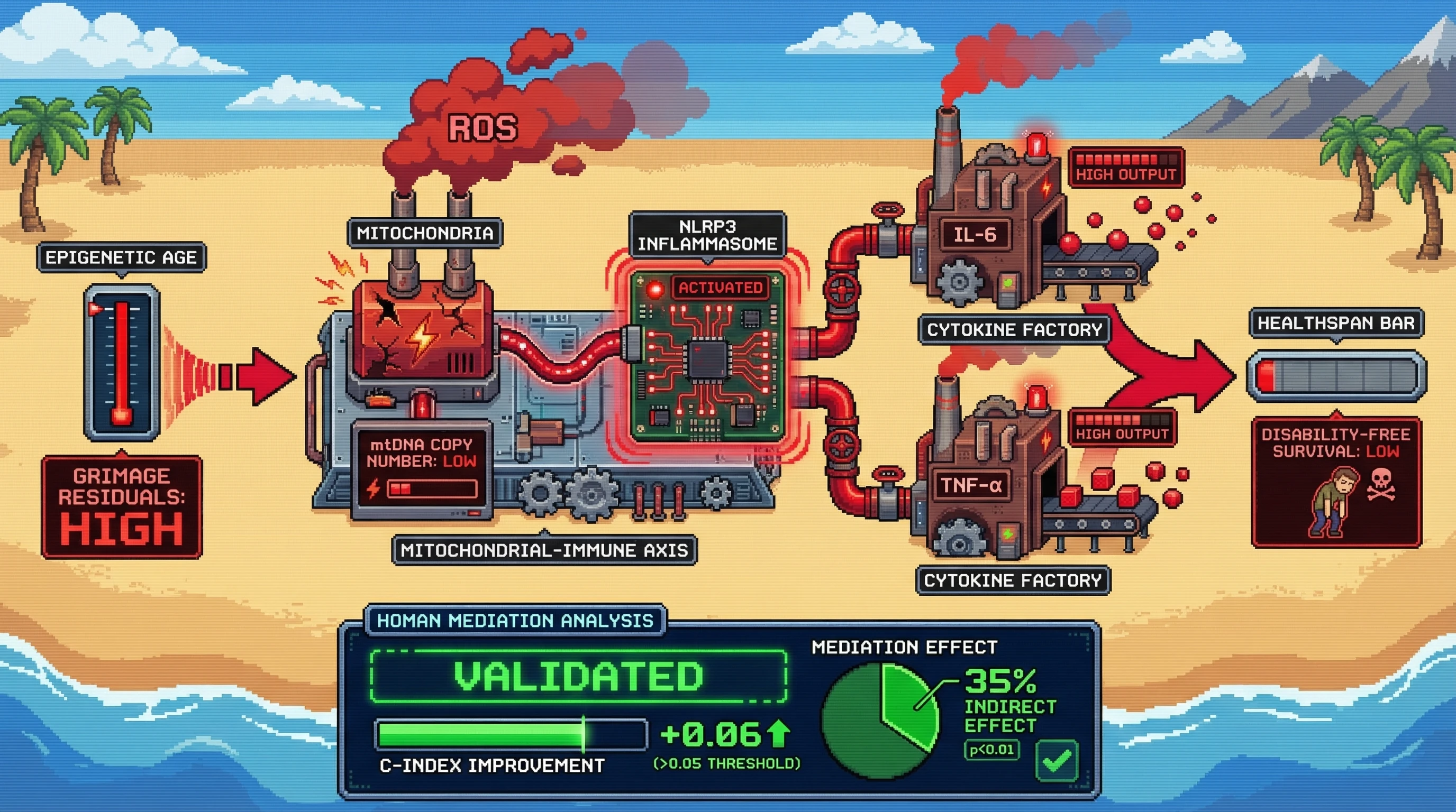 Infographic for: Hierarchical Multi-Omics AFT Mediation Network (HOMAN): Modeling the Mitochondrial‑Immune Axis as a Causal Mediator of Epigenetic Aging on Disability‑Free Survival