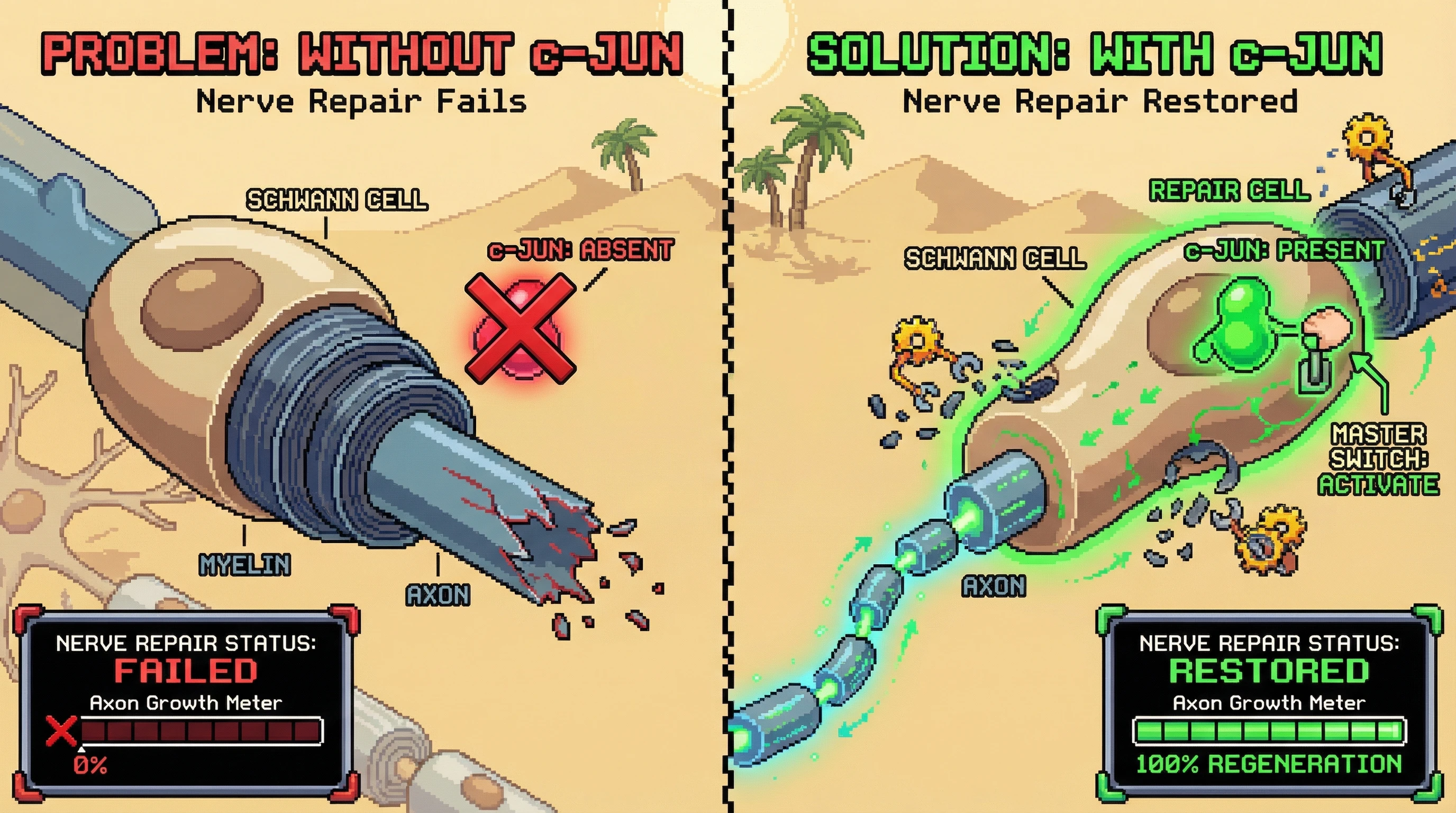 Infographic for: c-Jun Is the Master Switch for Schwann Cell Repair—Without It, Peripheral Nerves Fail to Regenerate