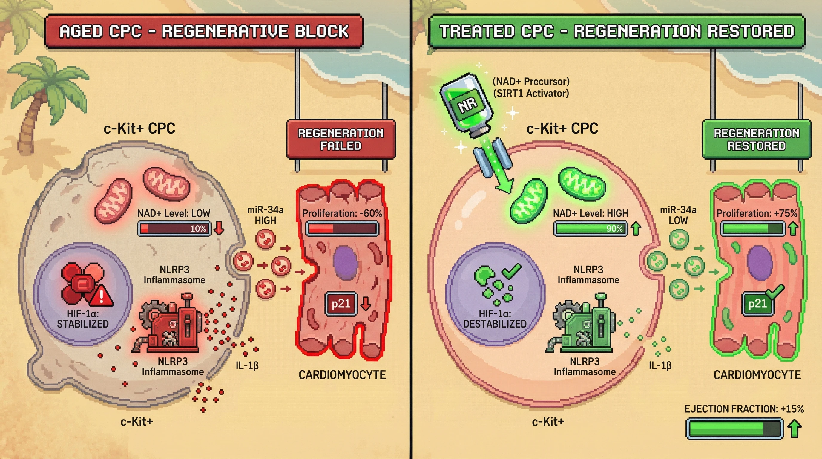 Mechanism: NAD+ depletion in aged c-Kit+ cardiac progenitor cells stabilizes HIF-1α, activating the NLRP3 inflammasome and causing an IL-1β-centric SASP with exosomal miR-34a transfer, which suppresses cardiomyocyte proliferation. Readout: Readout: NAD+ precursors or SIRT1 activators restore NAD+ levels, reduce IL-1β and exosomal miR-34a, and improve cardiomyocyte proliferation and ejection fraction.