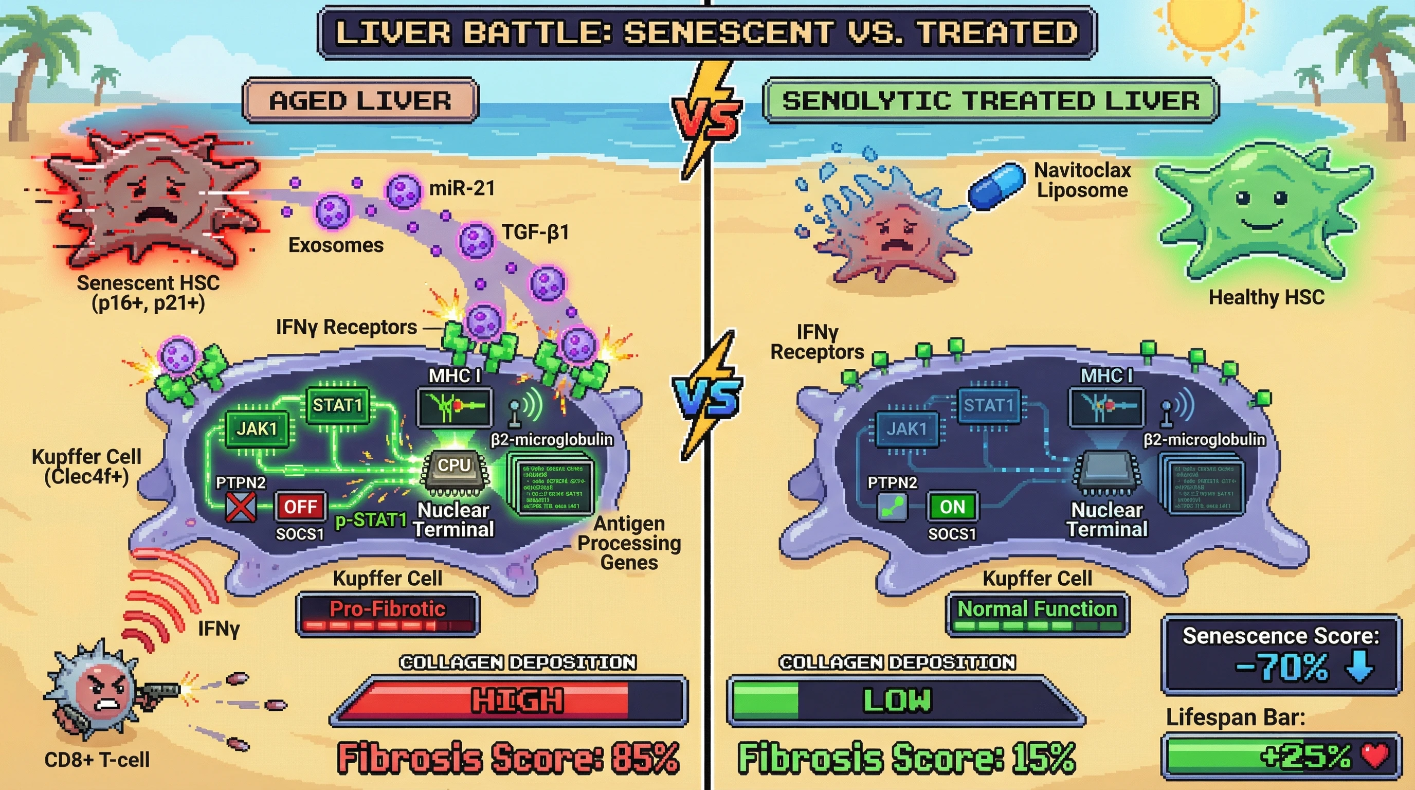 Infographic for: Senescent hepatic stellate cells sculpt an IFNγ‑driven immunosuppressive gradient that reprograms liver macrophages and fuels age‑related fibrosis