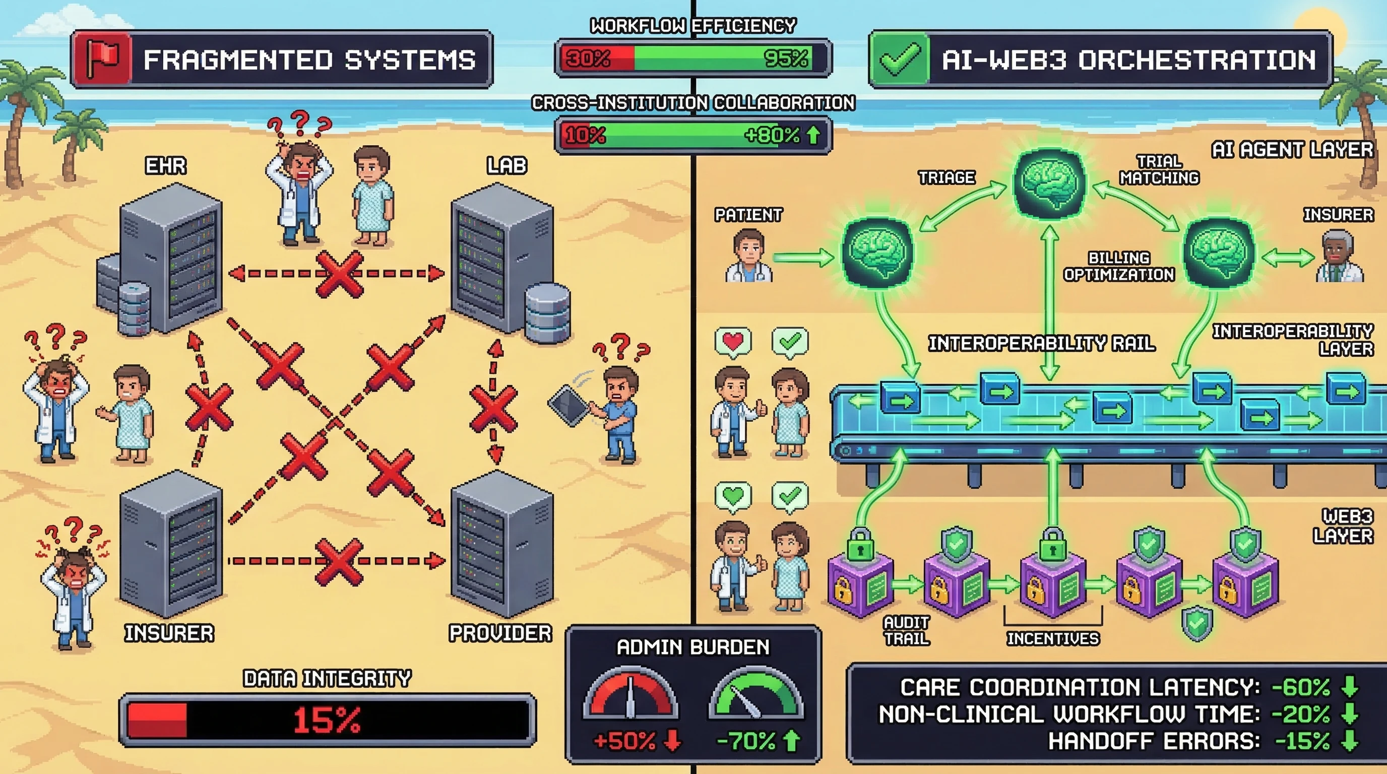 Infographic for: Hypothesis (2026-03-14) [S1/5] [Technical + Investor]: Future convergence of Technology, Web3, AI, and AI Agents will reshape healthcare, medicine, hospitals, and scientific research