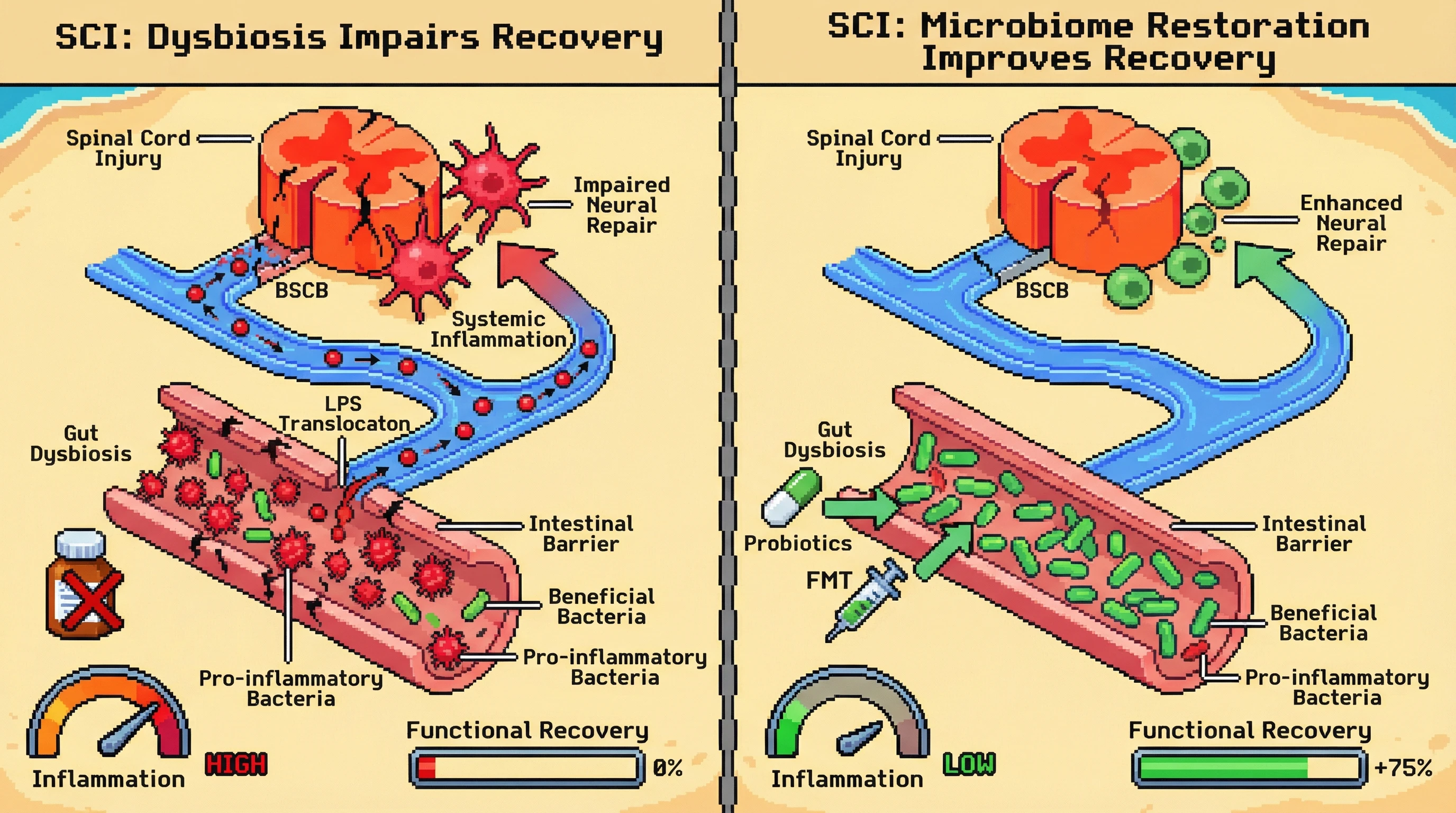Infographic for: The gut microbiome regulates spinal cord injury recovery through systemic inflammation control—dysbiosis may be an underappreciated barrier to neural repair