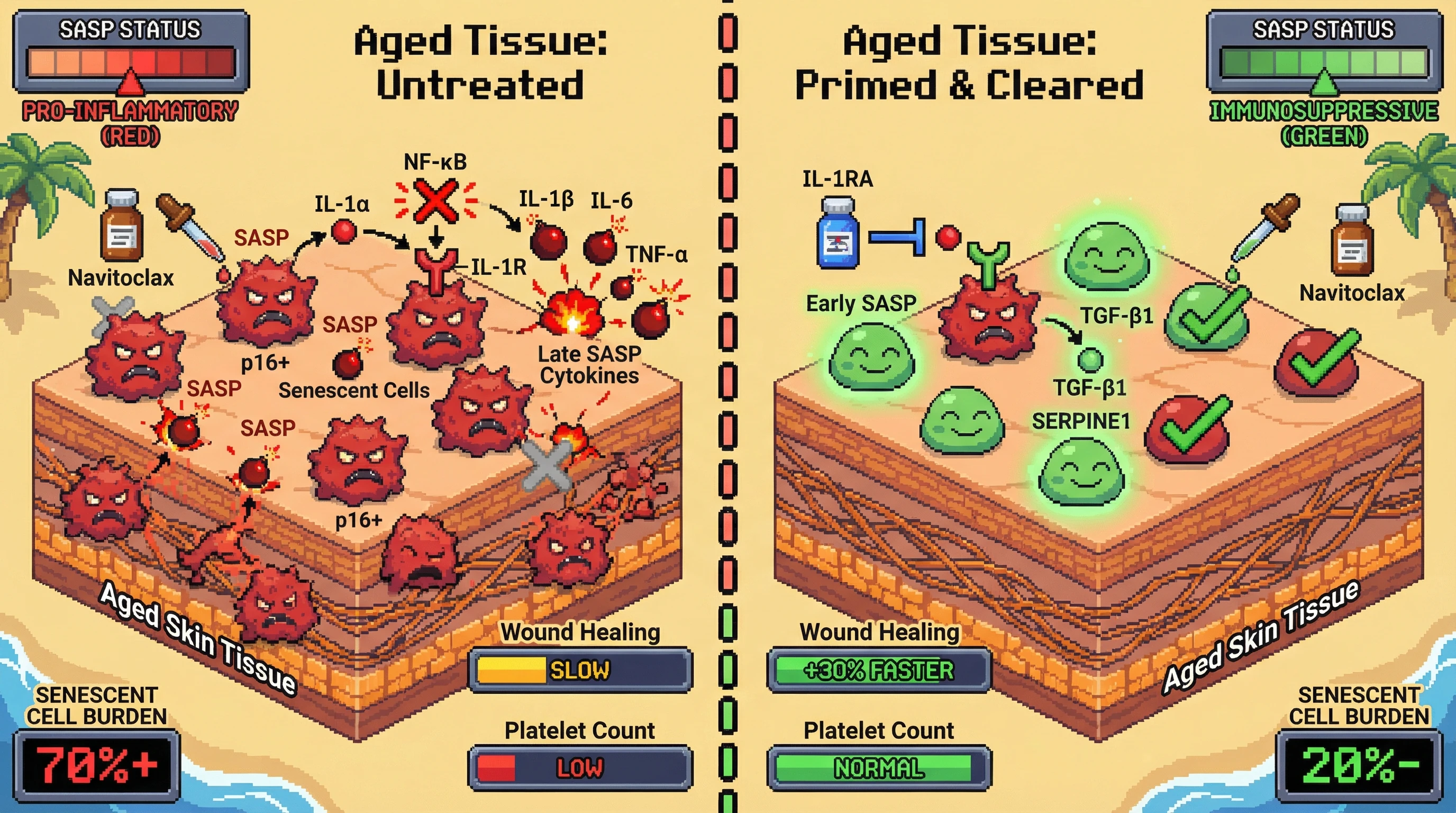 Mechanism: A two-step regimen first blocks IL-1α signaling with IL-1RA to 'prime' senescent cells by maintaining an early, beneficial SASP, then targets them with Navitoclax. Readout: Readout: This significantly reduces p16+ cell burden by over 70%, increases wound closure rate by 30%, and maintains normal platelet counts.