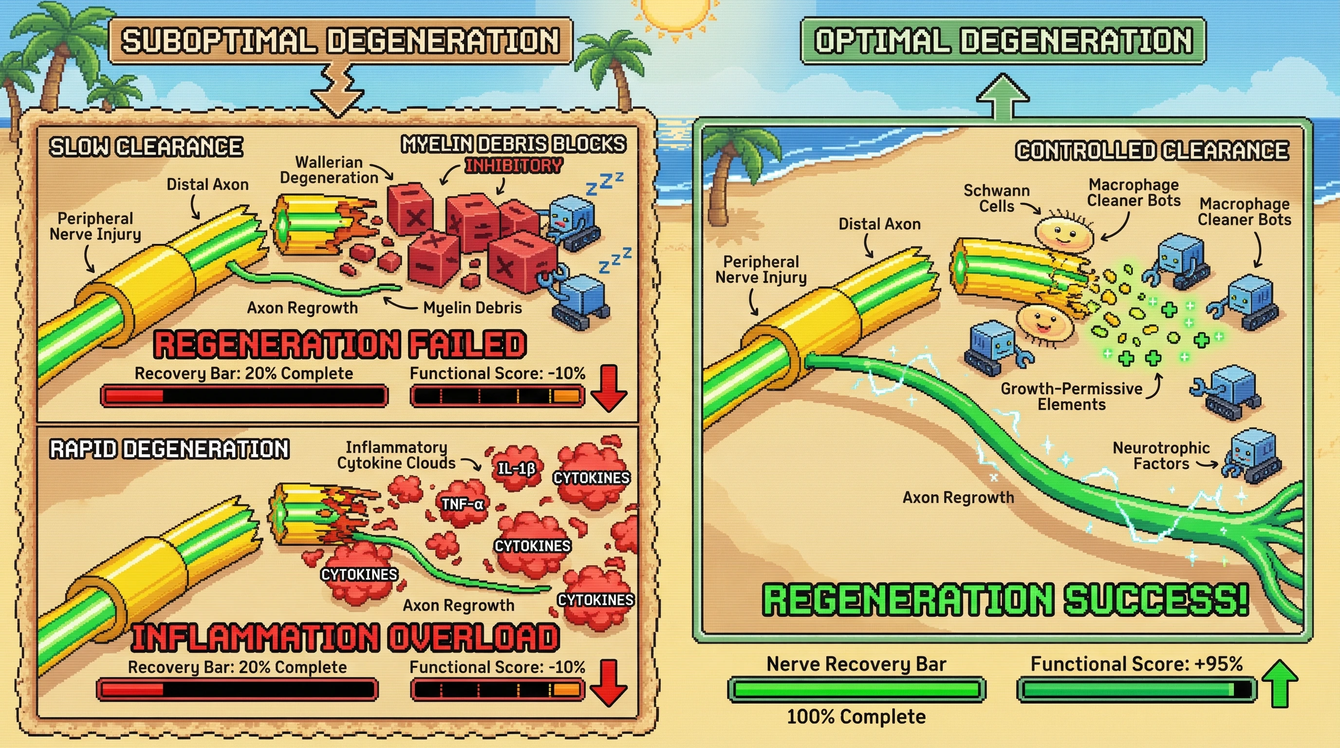 Infographic for: Wallerian degeneration is required for nerve regeneration—but it also creates barriers that limit recovery