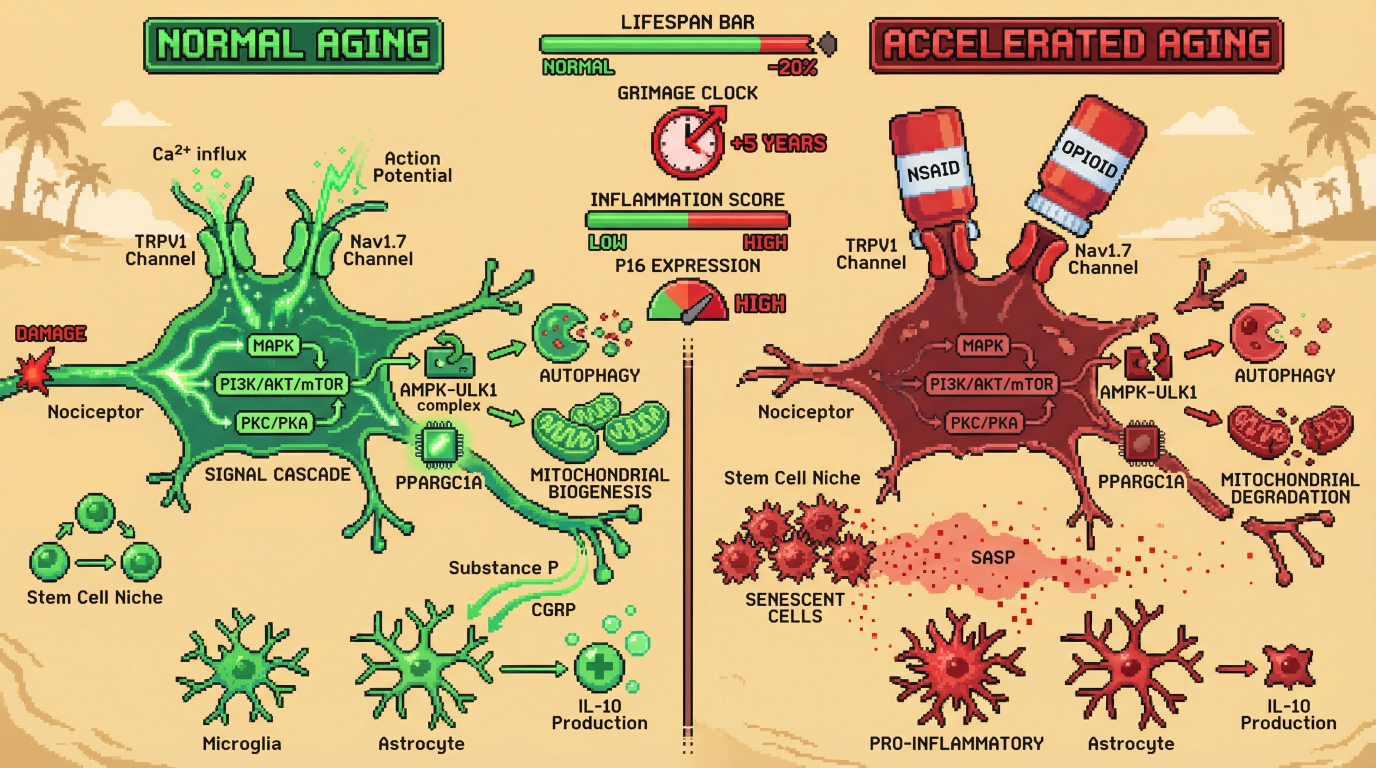 Mechanism: Chronic pain killer use (NSAIDs, opioids) blunts nociceptor-mediated hormetic signals, reducing autophagy and mitochondrial repair. Readout: Readout: This leads to accelerated aging indicators like increased p16 expression, higher GrimAge clock scores, and elevated inflammation.