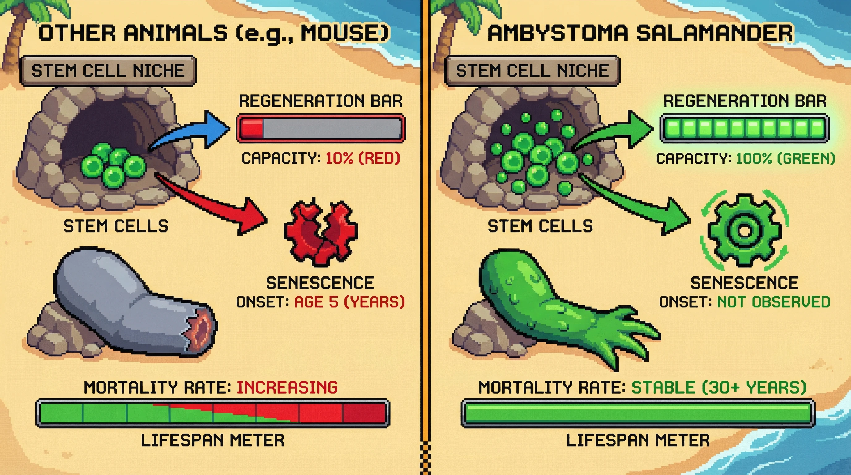 Infographic for: Salamanders Regenerate Limbs for 30+ Years Without Aging—Their Stem Cells Do Not Exhaust