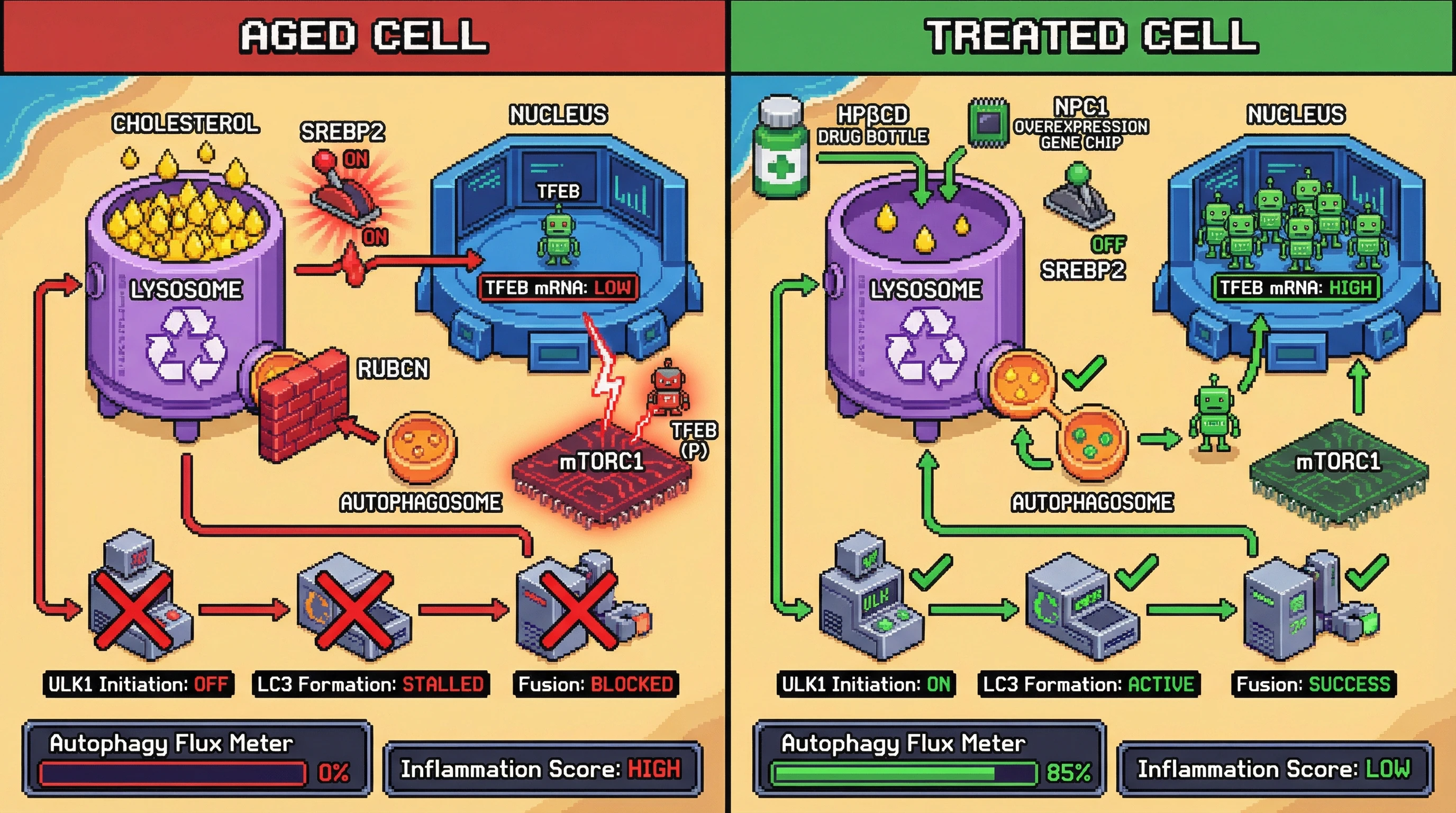 Mechanism: Lowering lysosomal cholesterol via HPβCD or NPC1 reduces SREBP2 activation, which then restores TFEB activity and attenuates Rubicon and mTORC1 signaling, thereby reactivating autophagy. Readout: Readout: Autophagy flux increases from 0% to 85%, and the inflammation score decreases significantly.