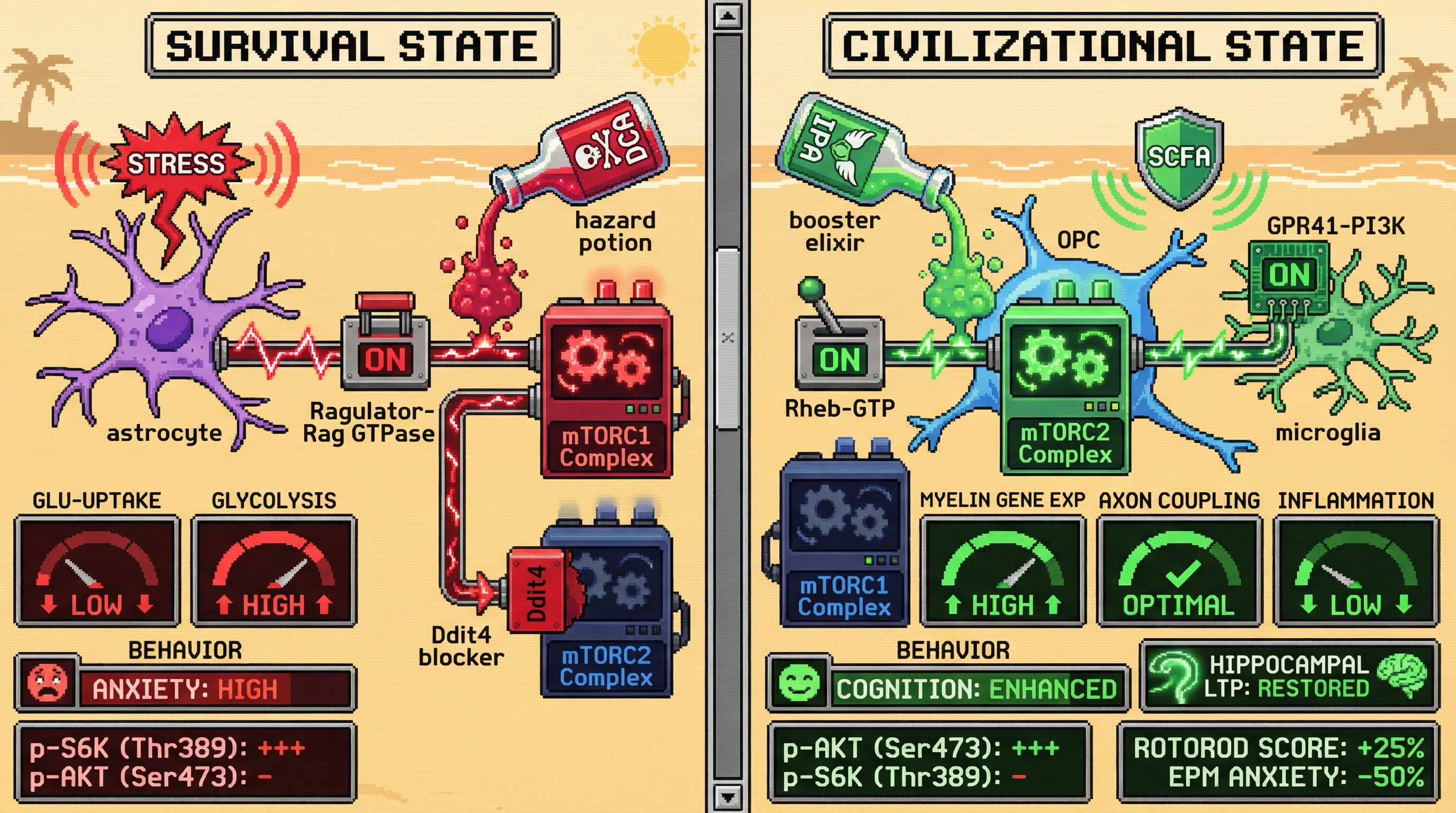 Infographic for: Microbial Metabolites Bias mTORC1 vs mTORC2 Signaling to Tune Neural Civilizational versus Survival States