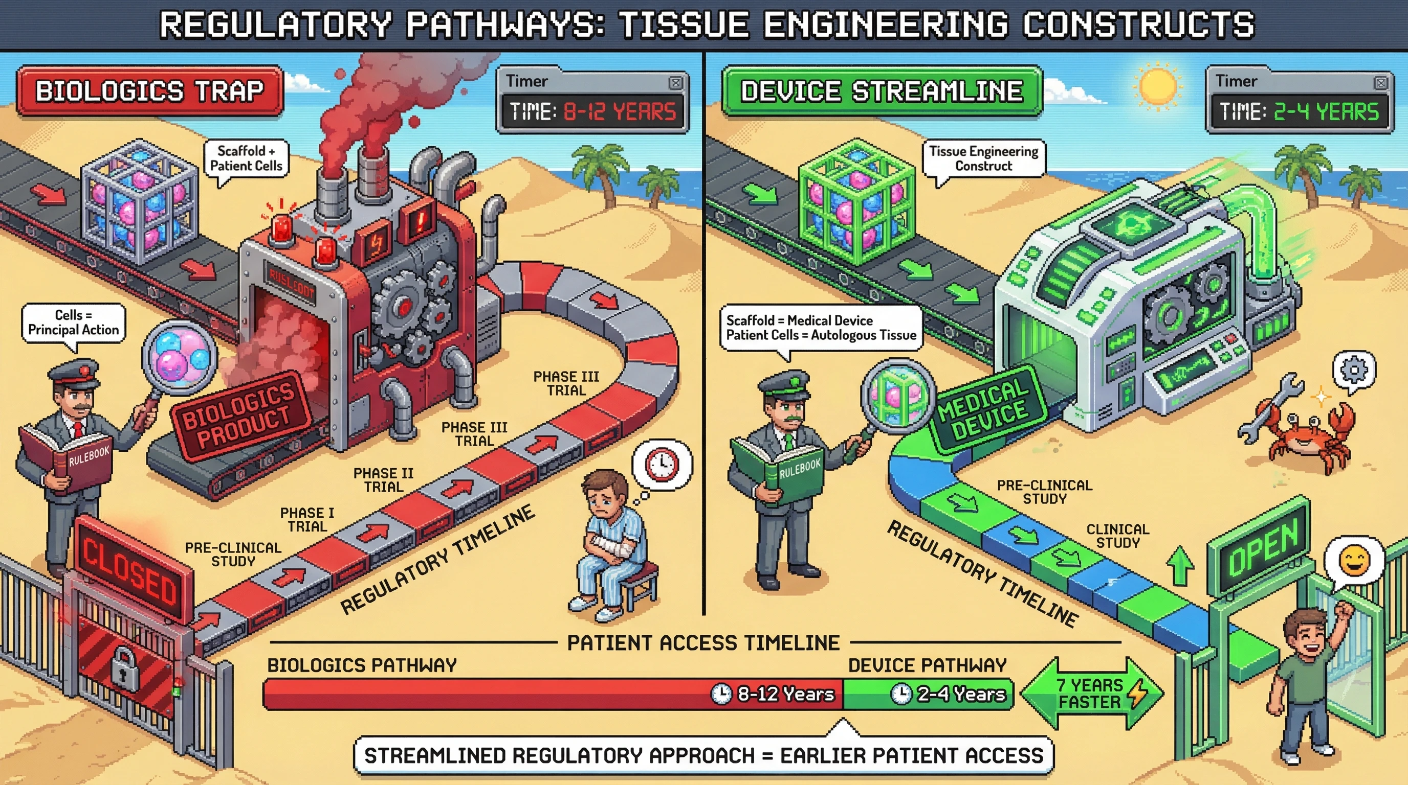 Mechanism: Misclassifying tissue engineering constructs as biologics (due to living cells) significantly delays patient access. Readout: Readout: Reclassifying the scaffold as a medical device and cells as autologous tissue reduces patient access timelines by 7 years.