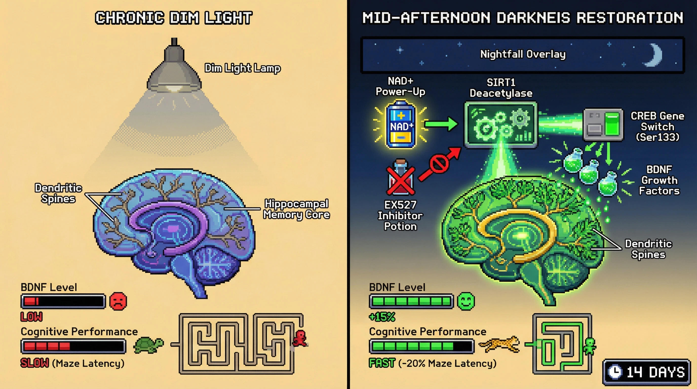Infographic for: Mid‑Afternoon Darkness Boosts Hippocampal BDNF via SIRT1/CREB Pathway, Reversing Dim‑Light Induced Cognitive Deficits