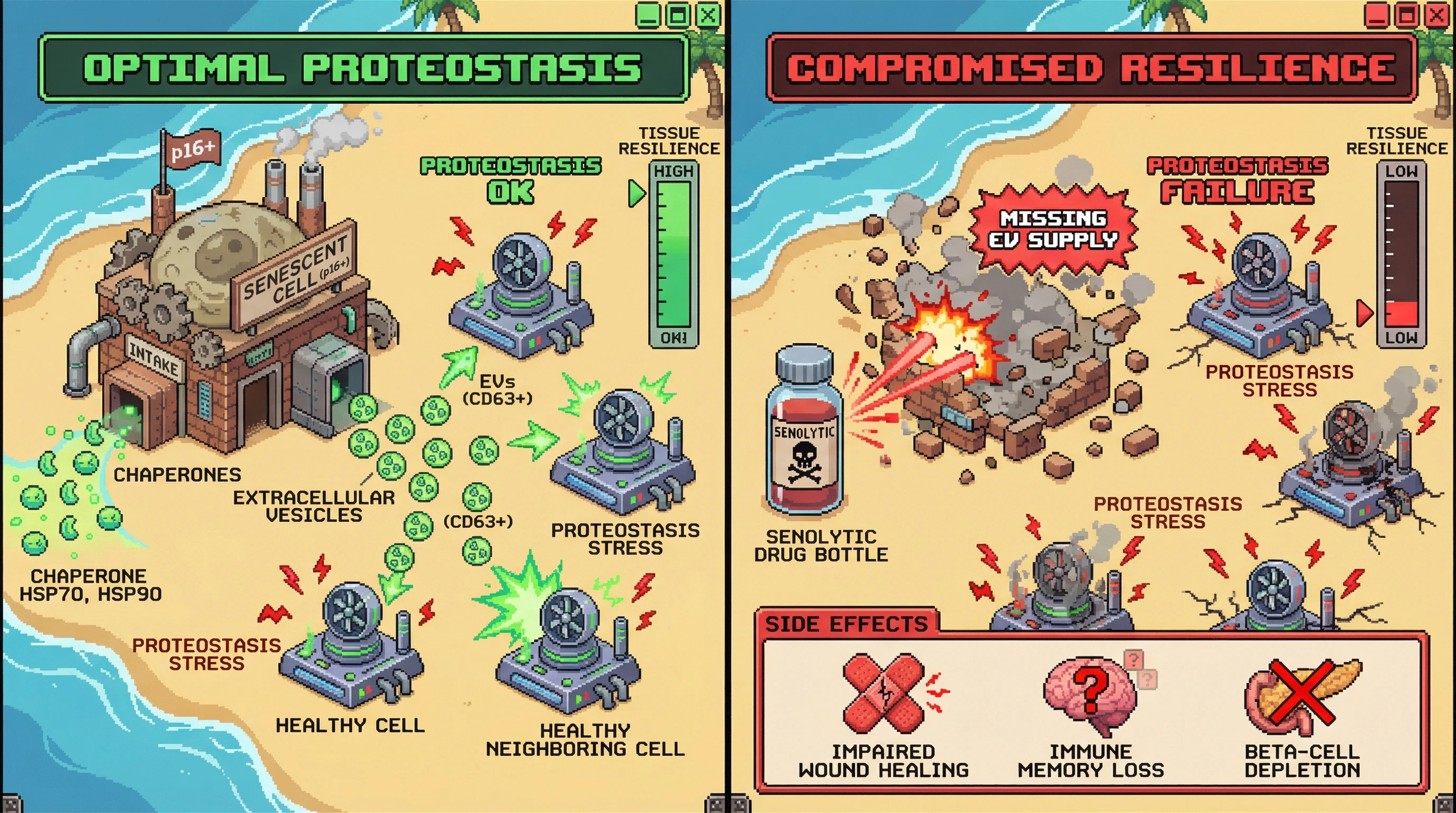 Infographic for: Senescent cells act as extracellular chaperone depots via vesicle-mediated transfer, and their removal disrupts tissue stress resilience