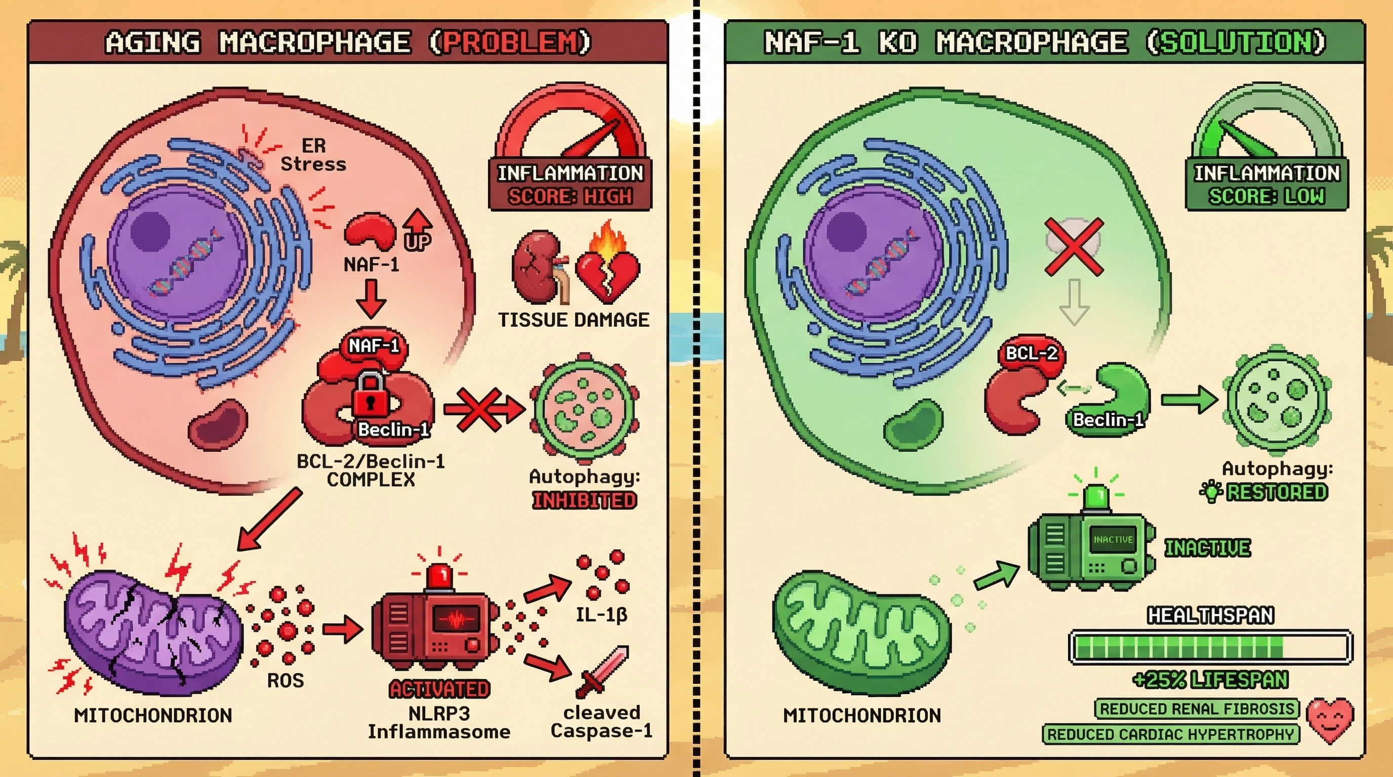 Mechanism: Aging-induced ER stress upregulates NAF-1, which strengthens the BCL-2/Beclin-1 complex, inhibiting autophagy and activating the NLRP3 inflammasome. Readout: Readout: Myeloid-specific NAF-1 knockout restores autophagy, reduces mitochondrial ROS and inflammasome activation, leading to ameliorated tissue damage and a +25% extension in median lifespan.