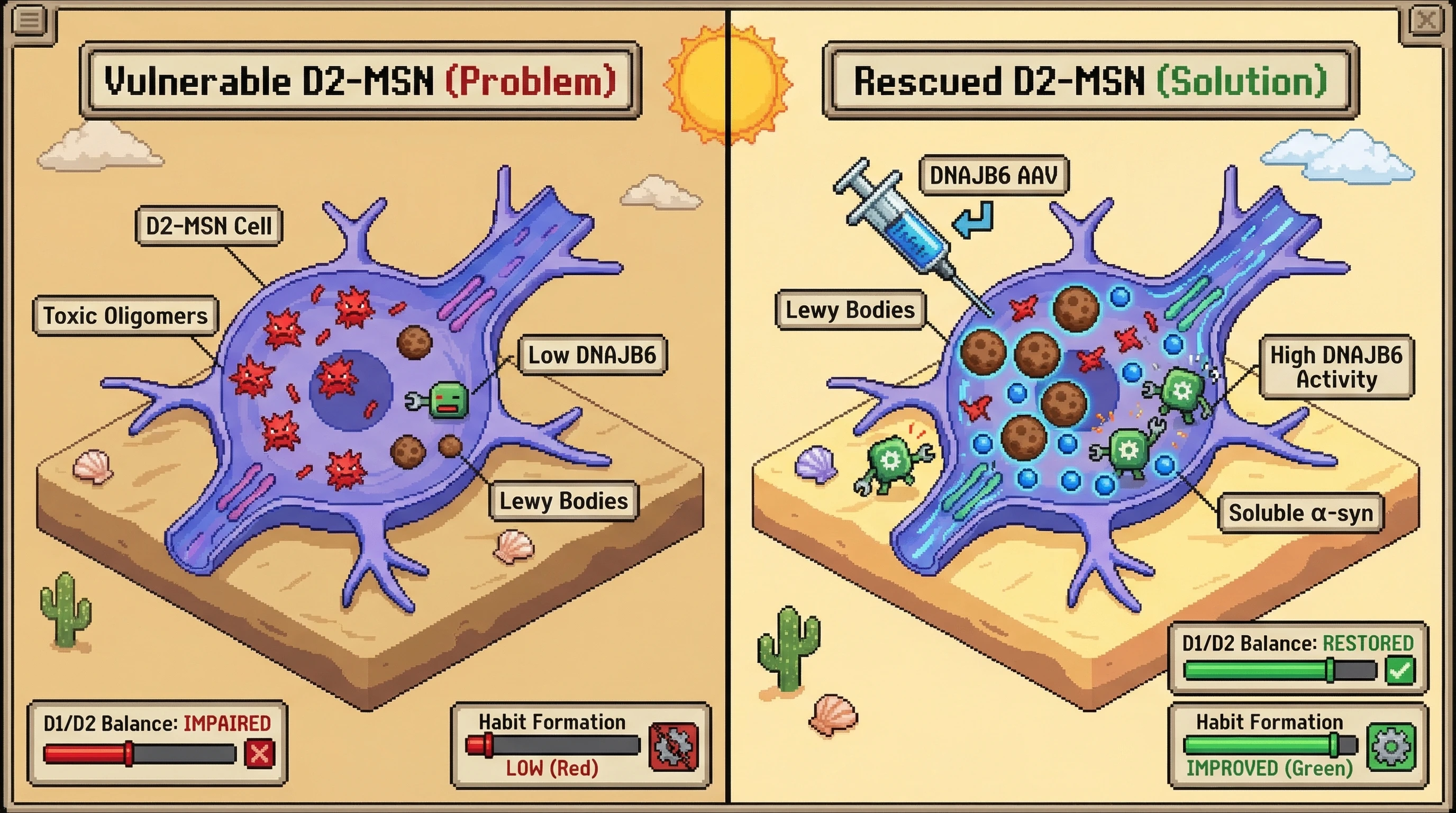 Infographic for: Aggregation as a subtype-specific proteostatic sink: boosting Lewy body formation in vulnerable D2-MSNs restores striatal balance by sequestering toxic oligomers while preserving essential alpha-synuclein function
