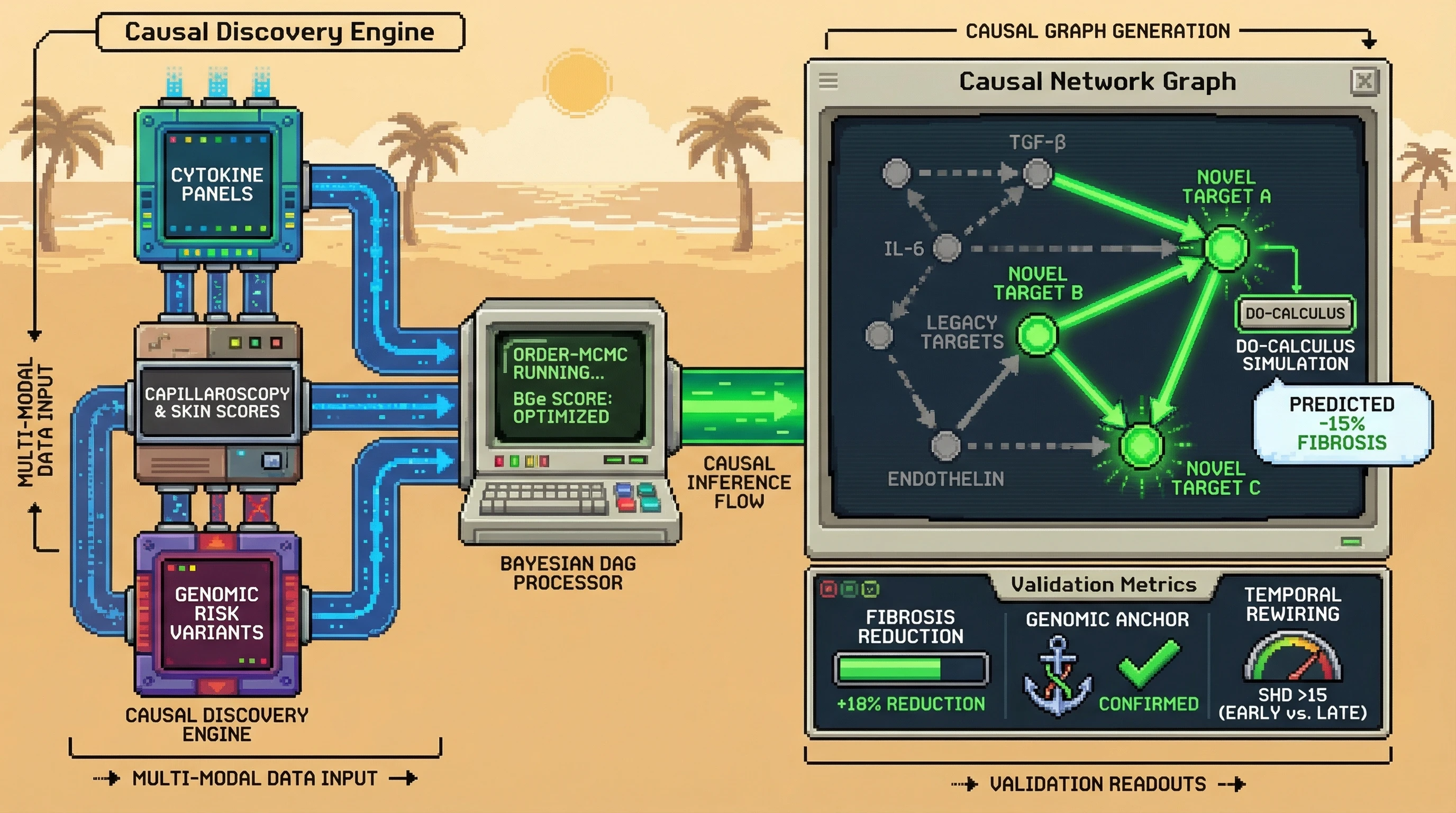 Infographic for: Causal Discovery via Bayesian Structure Learning on Multi-Modal Rheumatology Data Identifies Novel Interventional Targets in Systemic Sclerosis