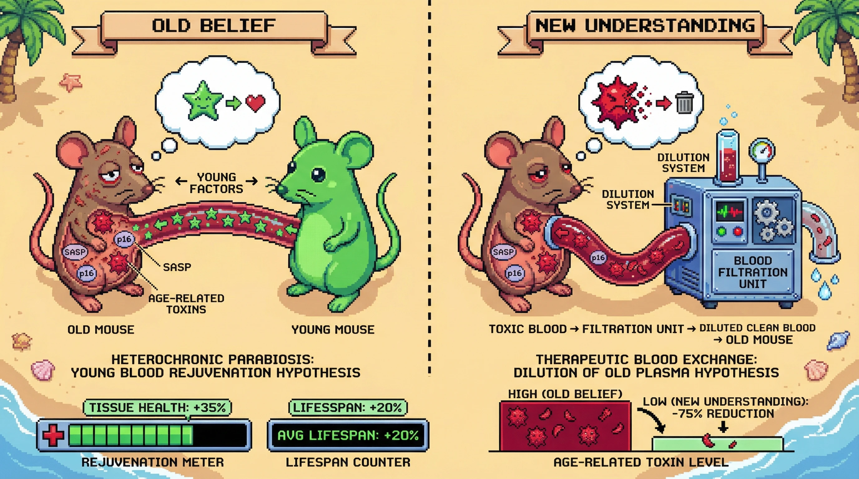 This infographic contrasts two hypotheses of rejuvenation: the old belief that young blood factors rejuvenate old tissues, versus the new understanding that diluting age-elevated toxins from old blood is the primary mechanism.
