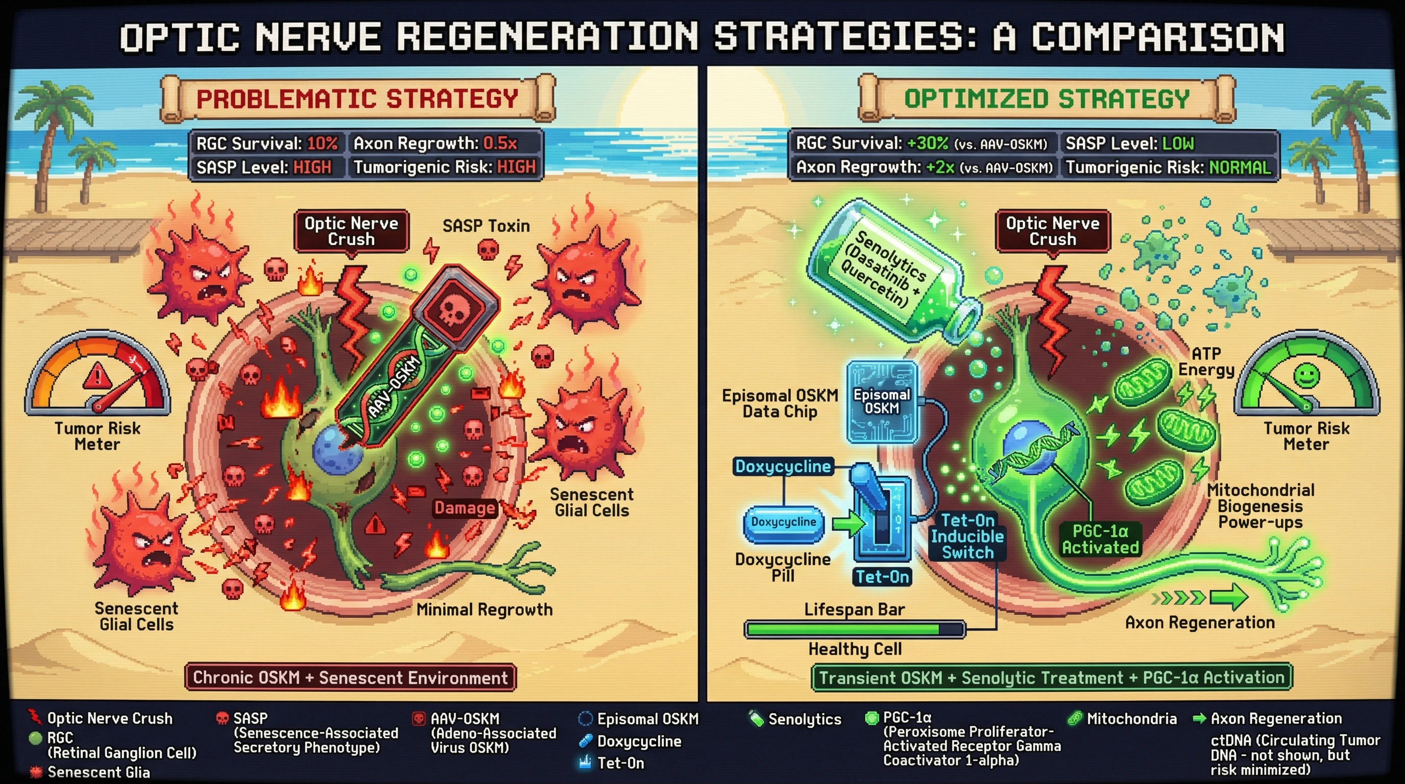 Mechanism: Senolytic pretreatment clears senescent glial cells, reducing SASP, while transient, inducible episomal OSKM expression promotes PGC-1α-mediated mitochondrial biogenesis for RGC repair. Readout: Readout: This combined strategy leads to ≥30% greater RGC survival, ≥2-fold longer axon regrowth, and no increase in tumorigenic markers compared to constitutive OSKM.