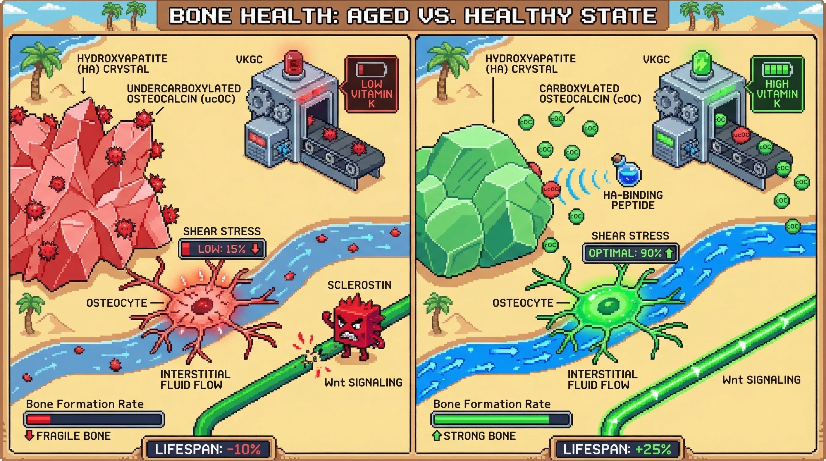 Infographic for: Enlarged hydroxyapatite crystals trap undercarboxylated osteocalcin, disrupting osteocyte mechanosensing and creating a feed‑forward loop that accelerates bone fragility