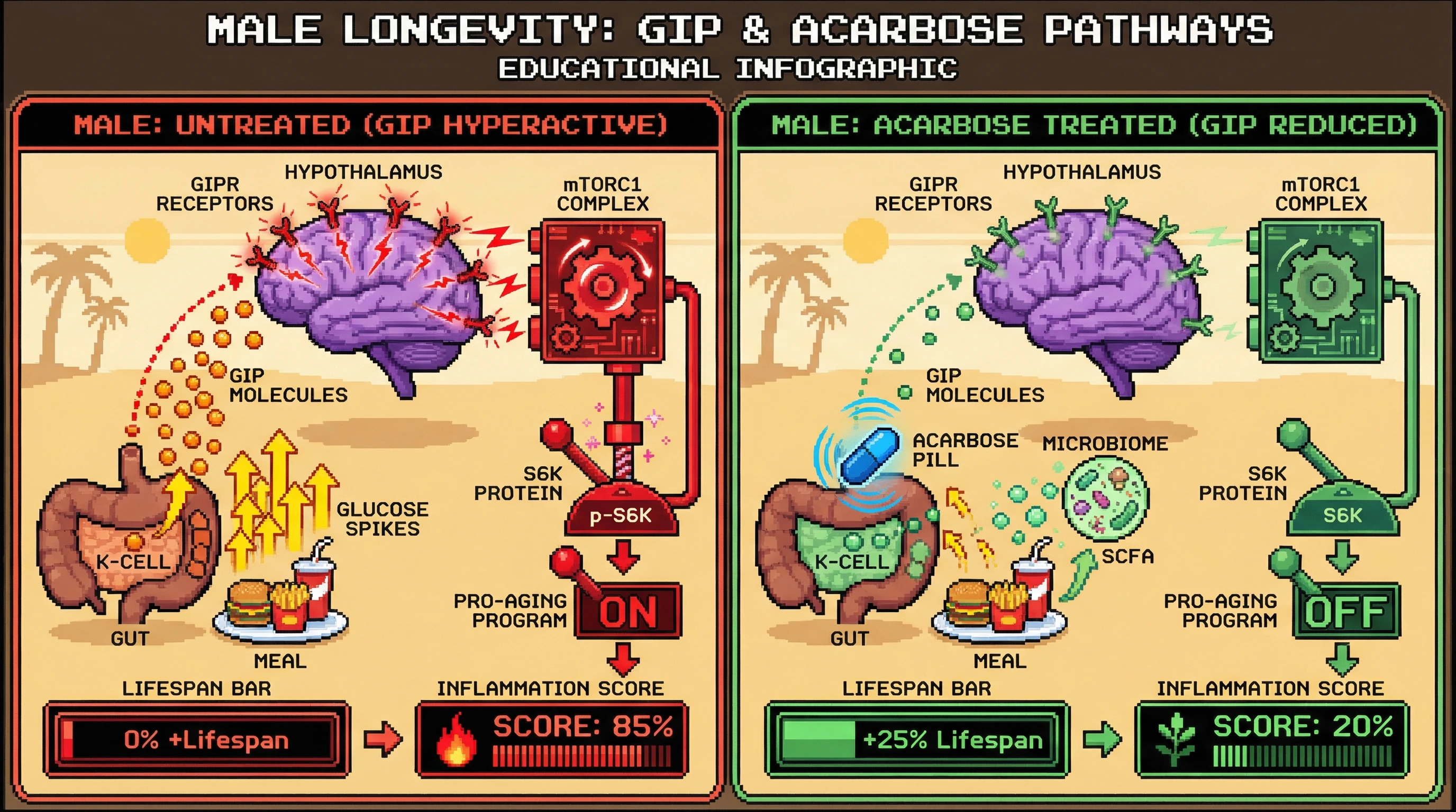 Mechanism: Acarbose blunts glucose spikes, reducing GIP secretion from gut K-cells and subsequently lowering GIPR-driven mTORC1-S6K activation in the male hypothalamus. Readout: Readout: This dampens the pro-aging program, leading to a visible +25% lifespan increase and reduced inflammation score.