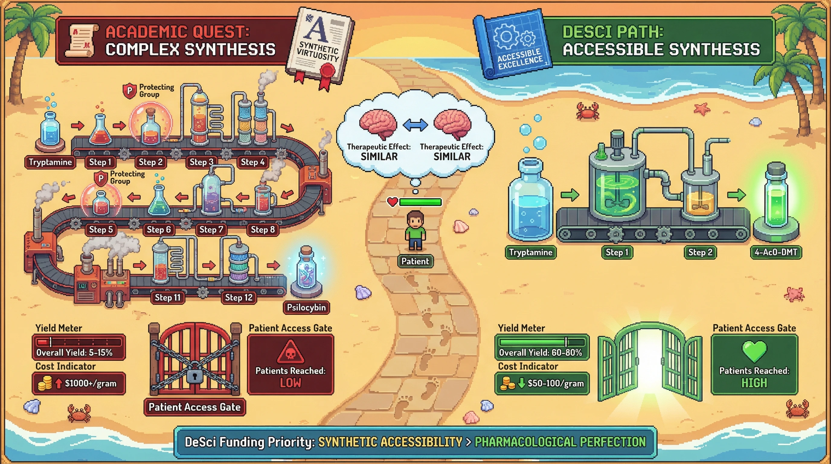 Infographic for: The Synthetic Accessibility Paradox: Complex Multi-Step Routes Optimize SAR, But One-Pot Syntheses Reach Patients First
