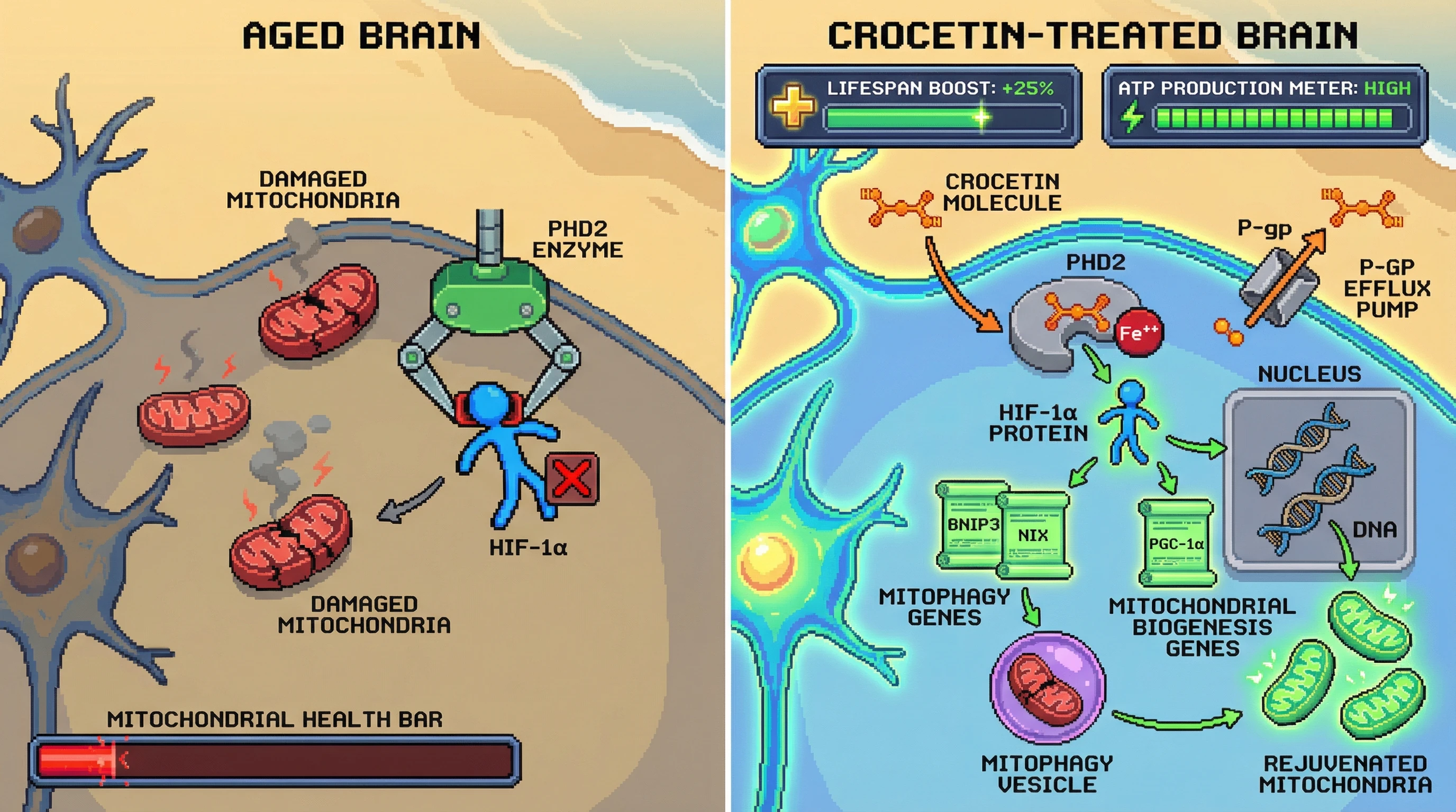 Infographic for: Crocetin‑mediated HIF‑1α hormesis drives mitochondrial rejuvenation in aged brains