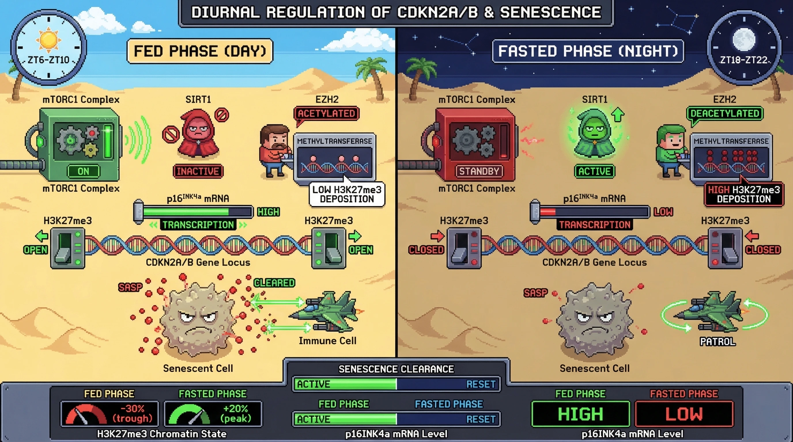 Infographic for: Rhythmic mTORC1‑SIRT1‑EZH2 oscillations gate CDKN2A/B chromatin states to balance growth‑associated senescence clearance with tissue maintenance