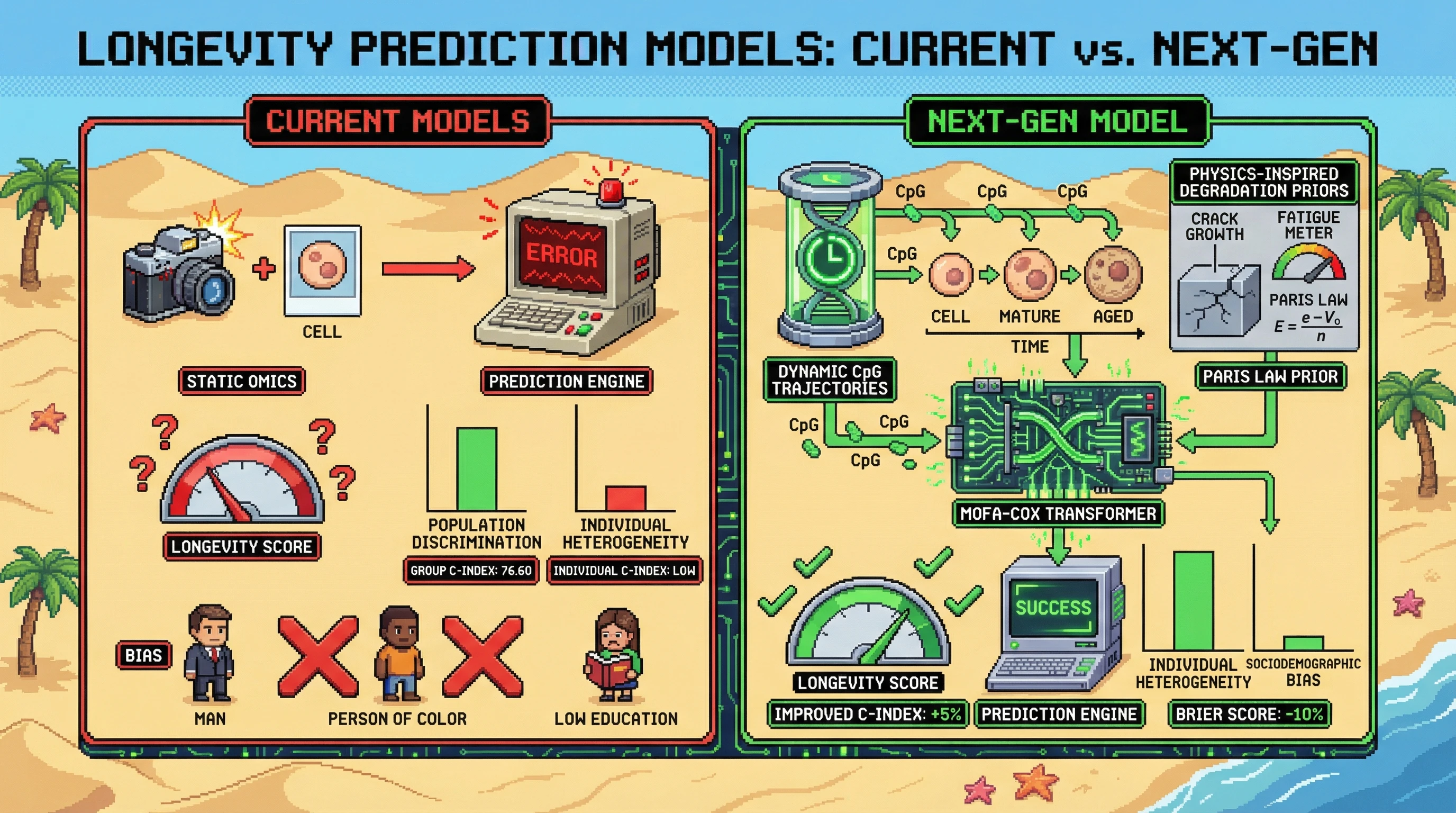 Infographic for: Integrating Dynamic Epigenetic Clocks with Physics-Inspired Degradation Priors in Joint Transformer-MOFA-Cox Models to Capture Individual Longevity Heterogeneity