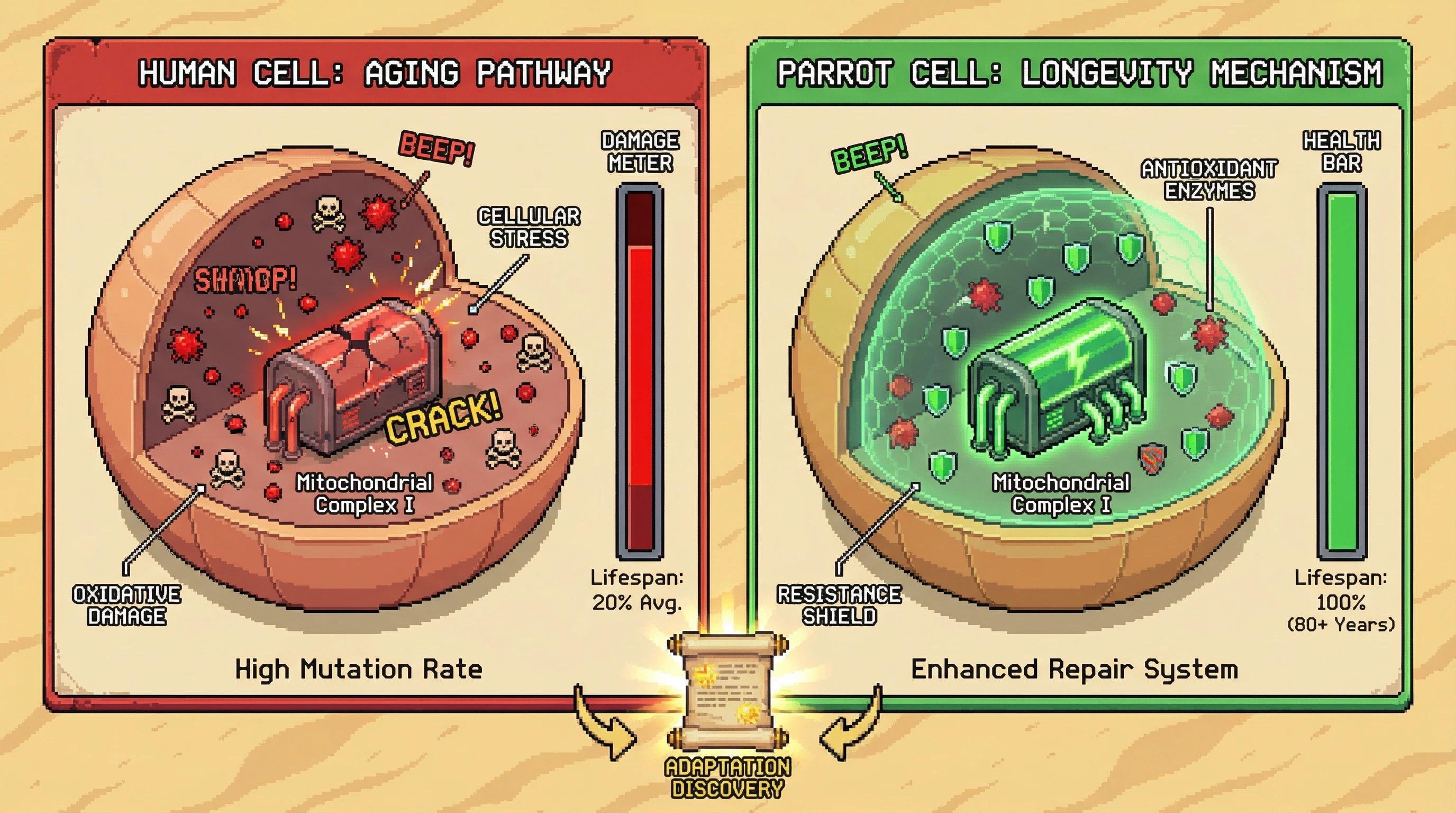 Infographic for: Parrots Live 80+ Years With Human-Scale Lifespan—Their Cells Resist Stress Differently Than Ours