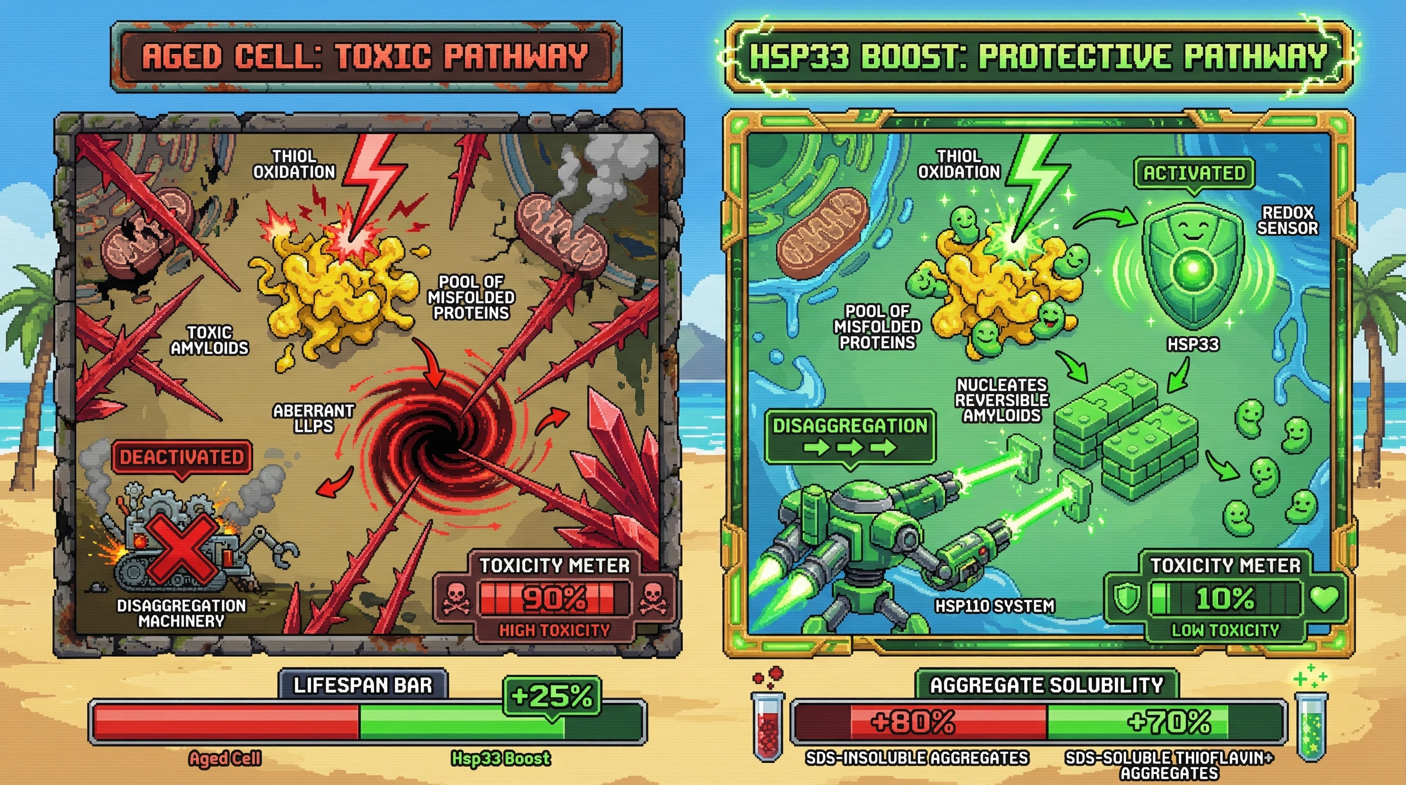 Infographic for: Redox-switchable chaperone Hsp33 redirects age-related protein aggregation into reversible, functional amyloids