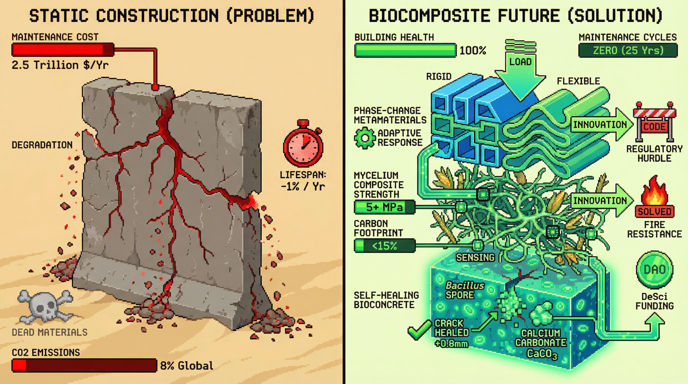 Infographic for: Hypothesis: Static Construction Will Evolve Toward Programmable Self-Healing Biocomposites That Eliminate Maintenance Cycles