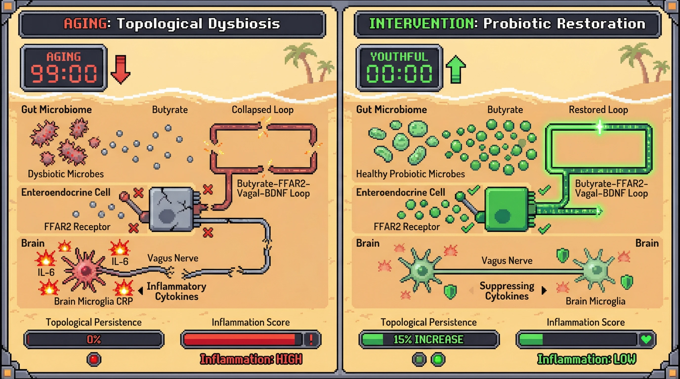 Infographic for: Topological Dysbiosis Clock: Persistent Homology of Gut Microbiome‑Brain Metabolite Signalling Reveals a Causal Axis of Inflammaging
