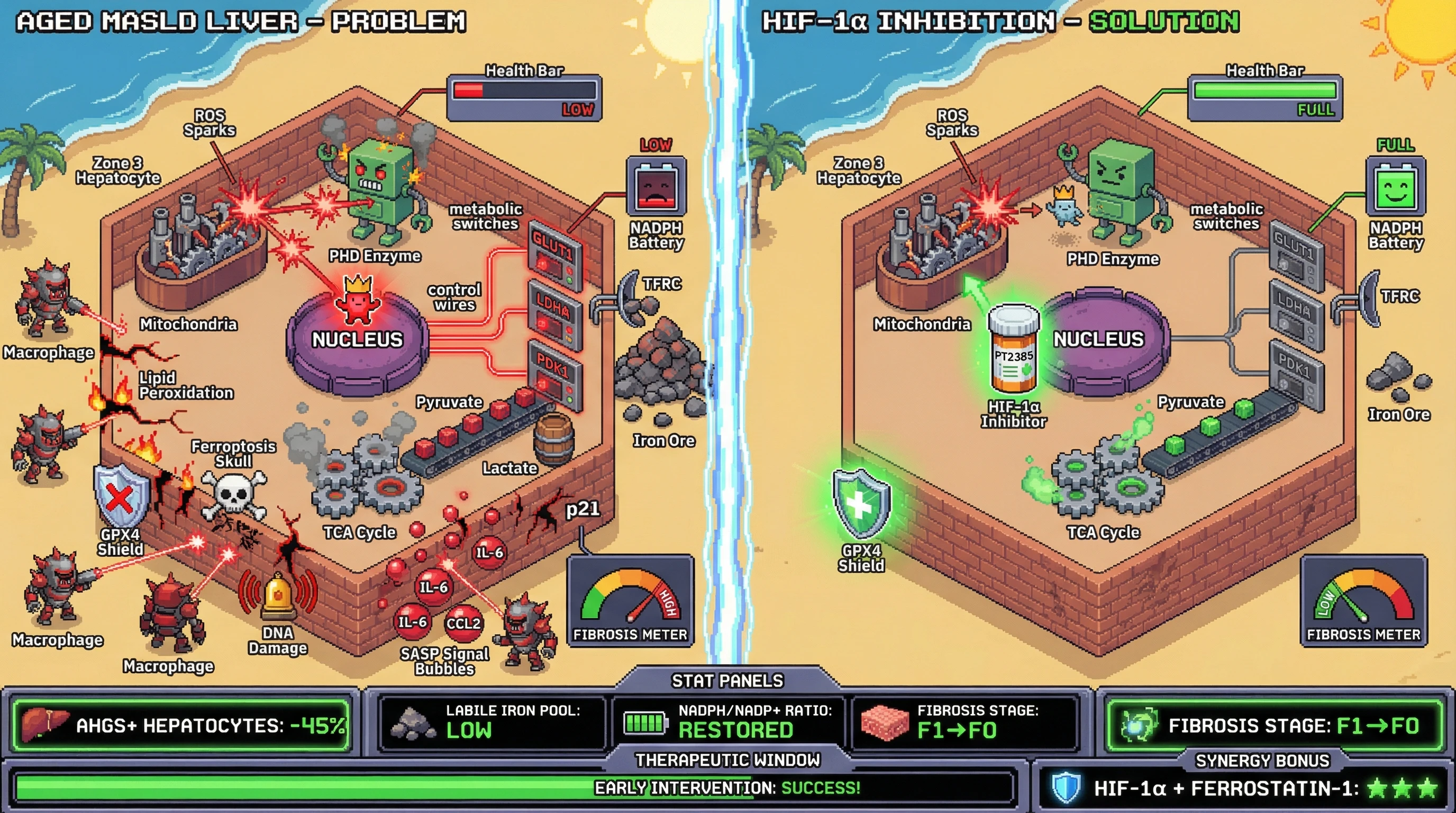 Infographic for: HIF‑1α‑Mediated Metabolic Reprogramming Drives Zone‑3‑Specific Ferroptotic Aging in MASLD