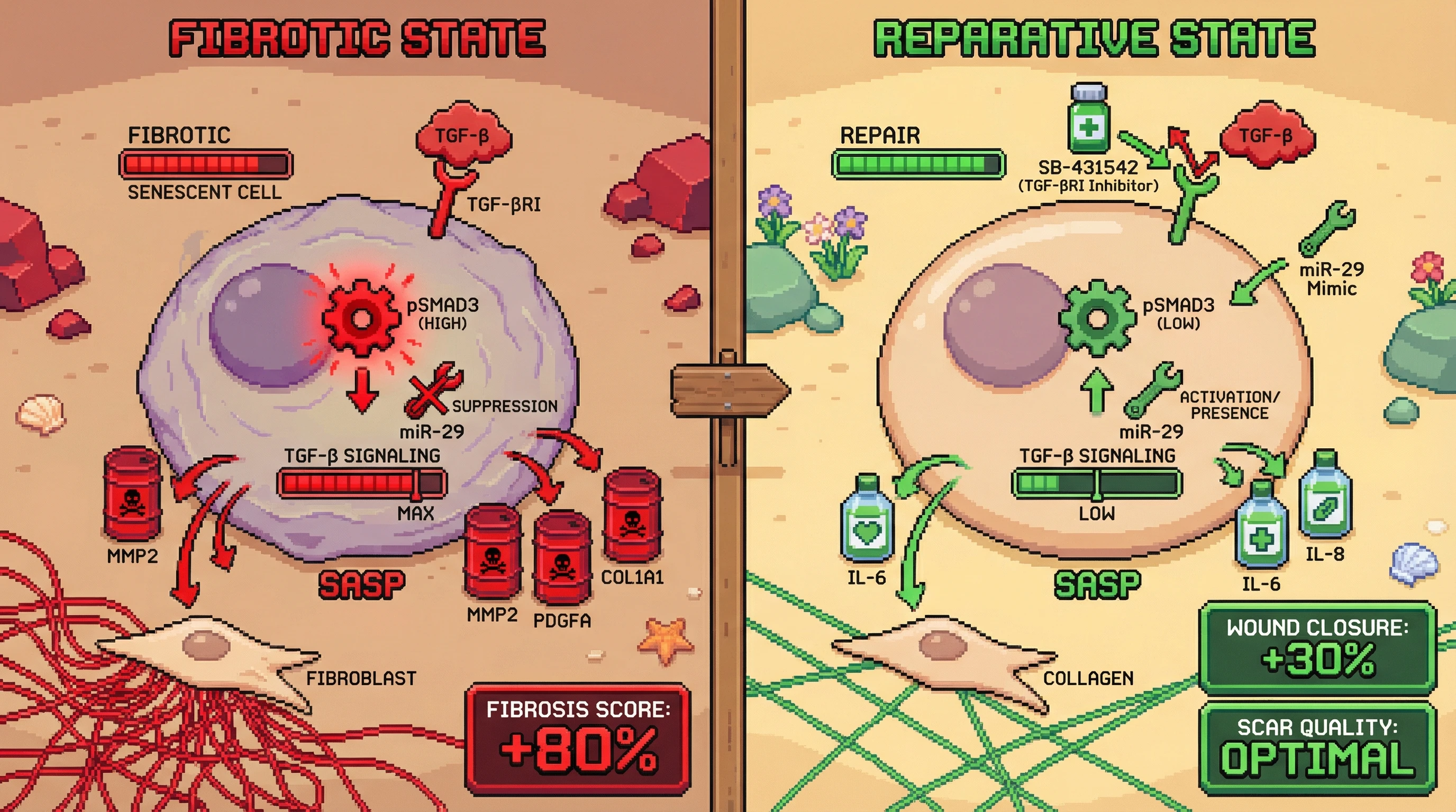 Infographic for: Senescent Cell Subtype Switching as a Bistable Hostage Negotiation Circuit Governs Tissue Repair versus Fibrosis