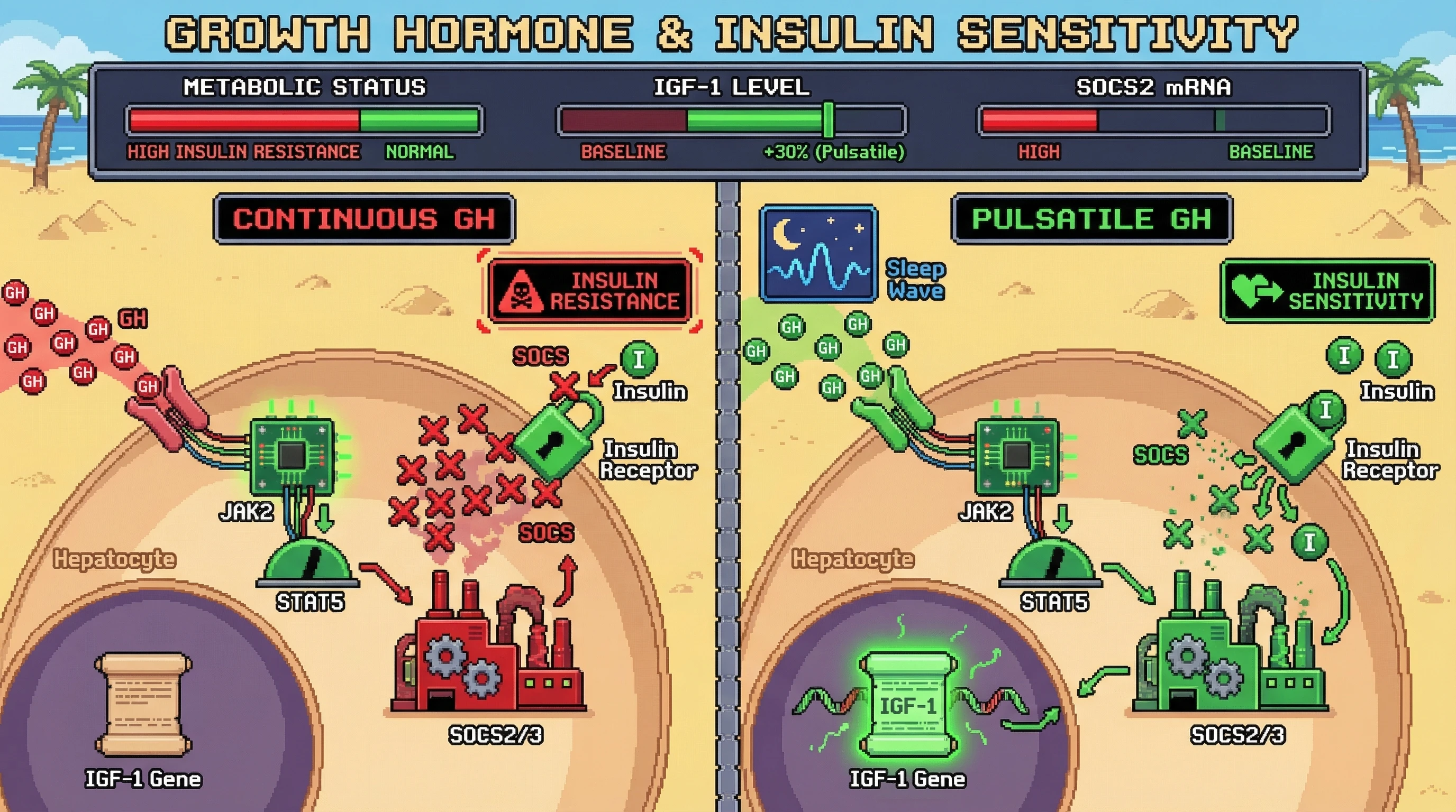 Mechanism: Pulsatile GH therapy, mimicking exercise, maintains hepatic STAT5 signaling by allowing SOCS proteins to degrade between pulses, thereby preserving insulin receptor sensitivity. Readout: Readout: This approach elevates IGF-1 levels by ~30% while maintaining metabolic safety and baseline SOCS2 mRNA, unlike continuous GH which induces insulin resistance.