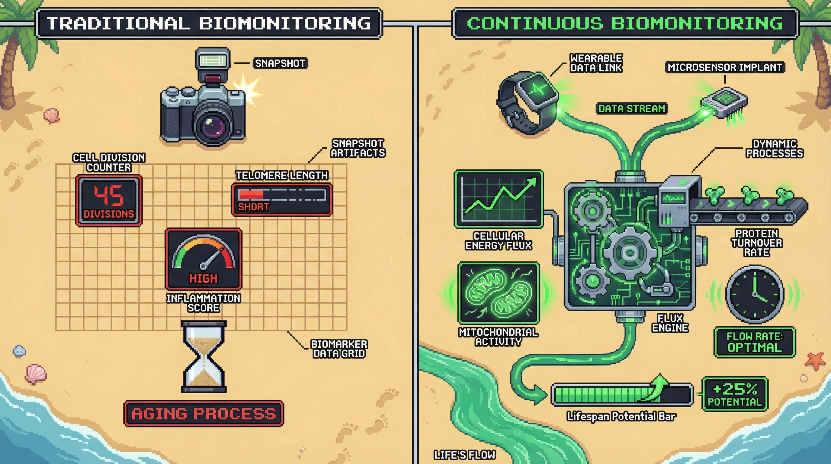 This infographic illustrates the hypothesis that traditional aging biomarkers are static 'snapshots' that miss the dynamic, rate-limiting processes of aging. It proposes that continuous biomonitoring will reveal the true, fluctuating nature of biological aging, leading to a better understanding and potentially increased lifespan potential.
