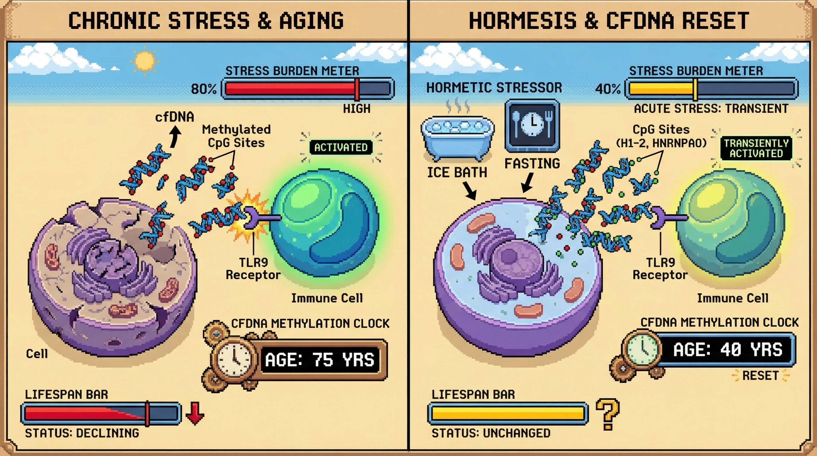 Mechanism: Hormetic stressors induce acute cfDNA release and transient methylation changes at specific CpG sites, causing a 'reset' in the cfDNA methylation clock. Readout: Readout: The clock indicates a younger biological age, but the overall lifespan bar remains unchanged, highlighting a dissociation between biomarker and longevity.