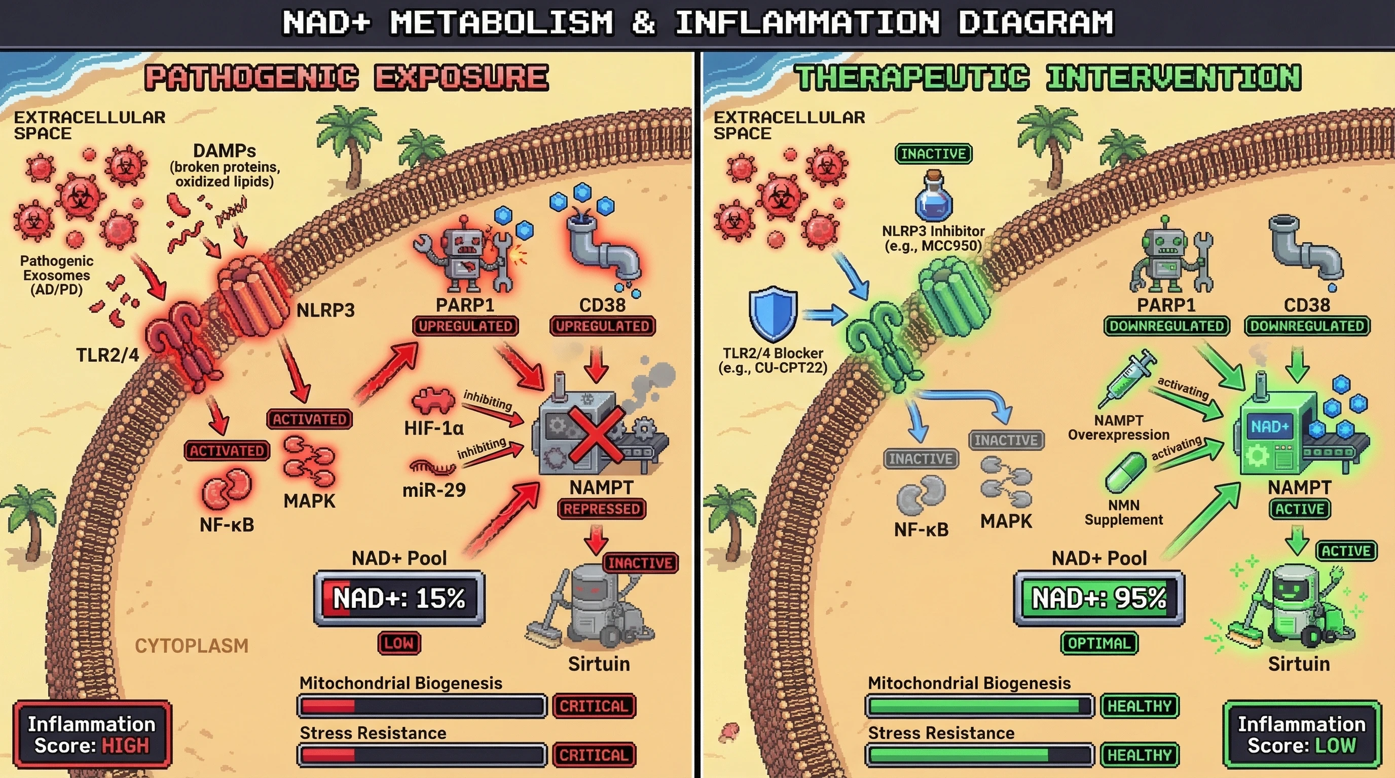 Mechanism: Pathogenic exosomes activate TLR2/4 and NLRP3, leading to NAD+ consumer PARP1/CD38 upregulation and NAD+ producer NAMPT repression, causing NAD+ depletion. Readout: Readout: Interventions blocking receptors or boosting NAMPT prevent NAD+ loss, reduce inflammation, and restore mitochondrial function.