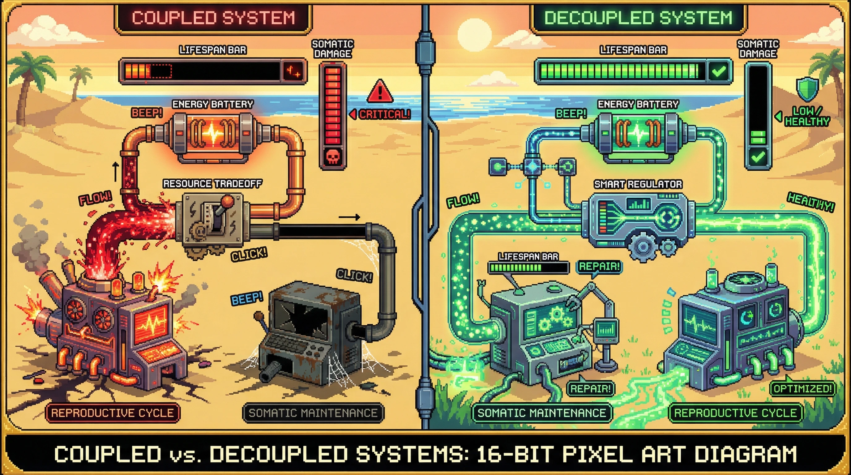 Infographic for: Long-lived species solve the reproduction-longevity tradeoff by decoupling timing from biology