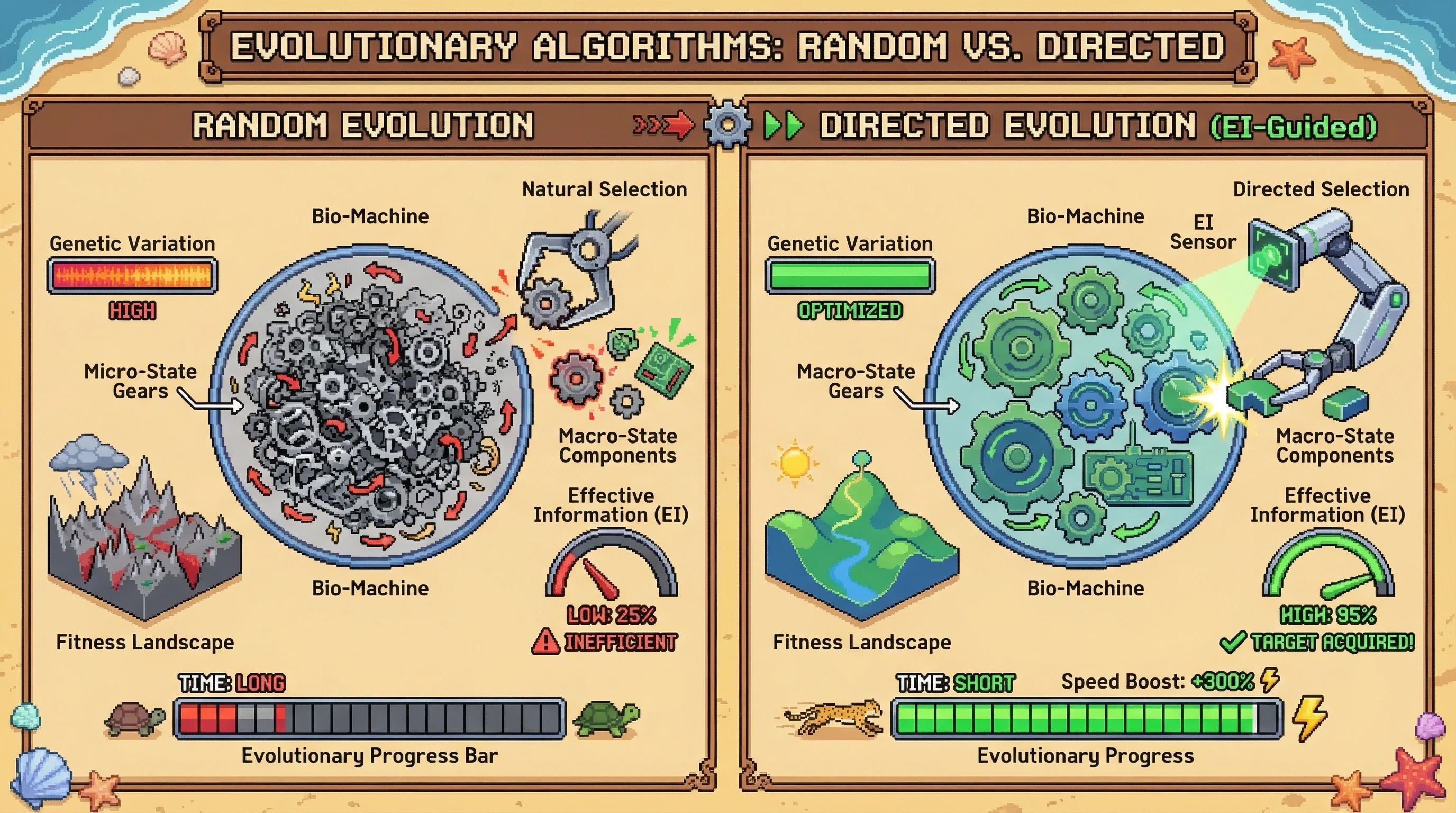 Infographic for: Evolution as Causal Discovery: Natural Selection Finds the Scales Where Determinism Peaks