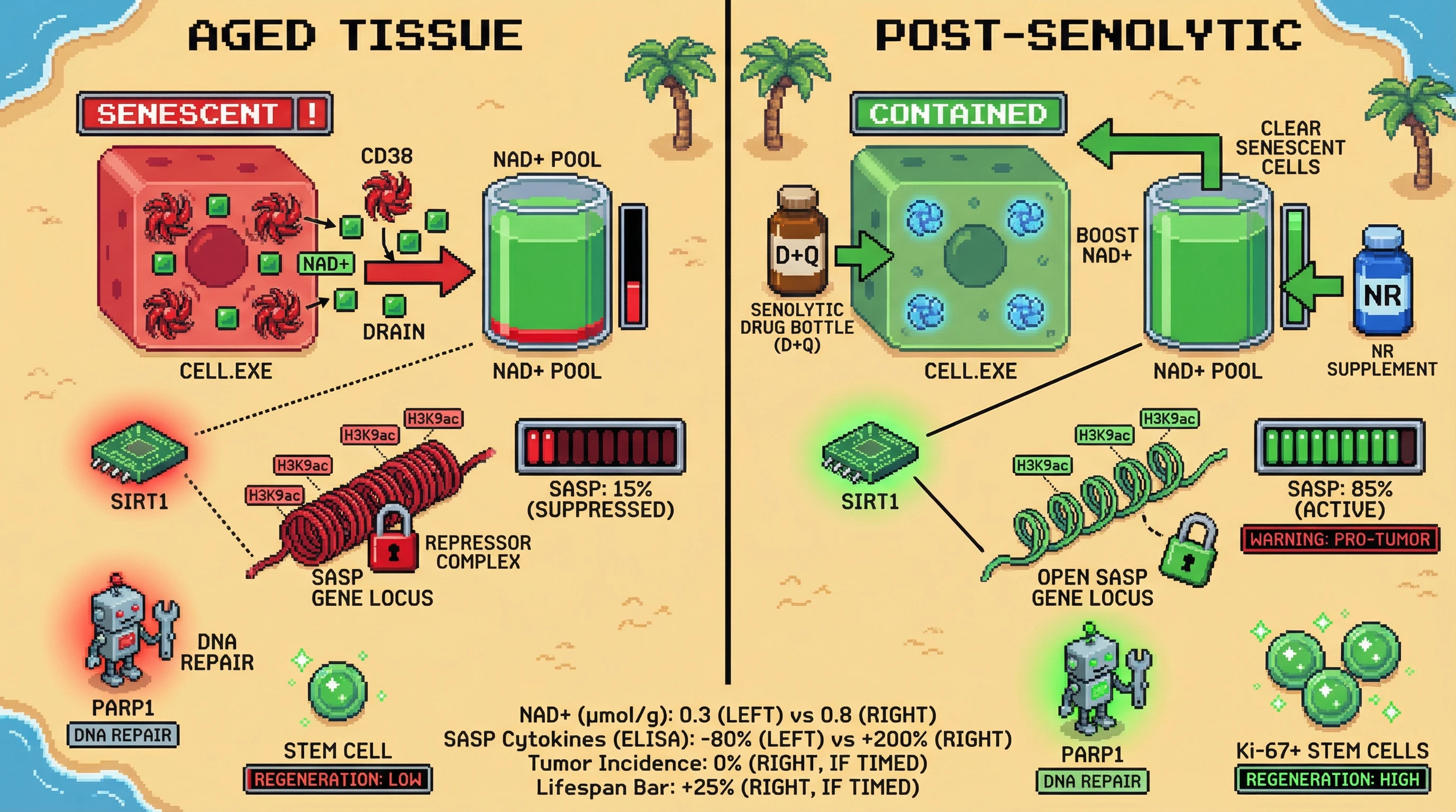 Mechanism: High senescent cell burden upregulates CD38, depleting NAD+ and suppressing SIRT1, leading to SASP gene compaction and reduced PARP1 activity. Readout: Readout: Post-senolytic NAD+ rebound, if timed correctly, can enhance tissue regeneration without increasing SASP or tumorigenesis, potentially extending lifespan.