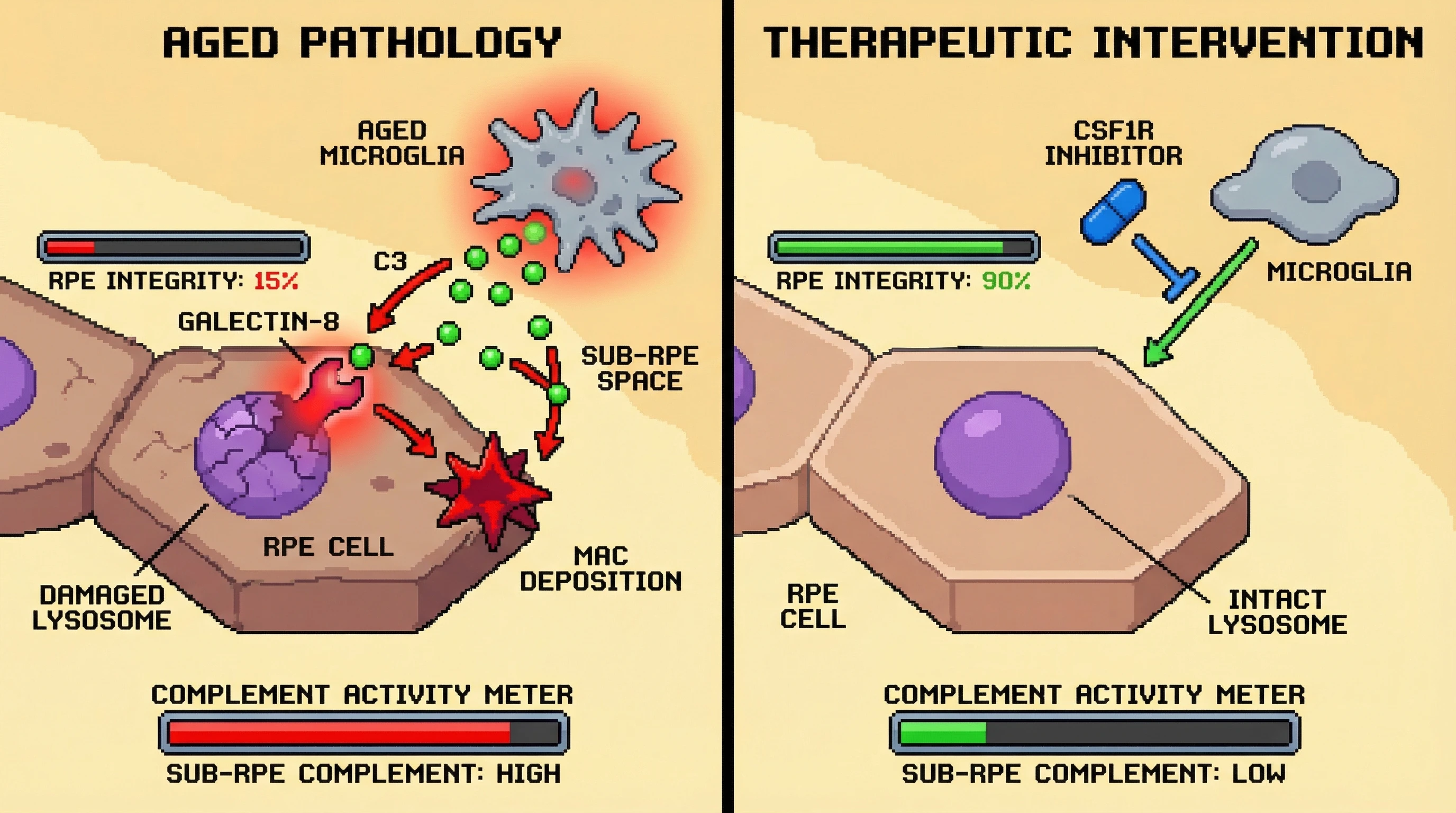 Mechanism: Aged microglia secrete C3, which, combined with RPE lysosomal damage exposing Galectin-8, amplifies complement activation and MAC deposition. Readout: Readout: Inhibiting microglial C3 via CSF1R reduces sub-RPE MAC, increasing RPE integrity from 15% to 90% and lowering local complement activity.