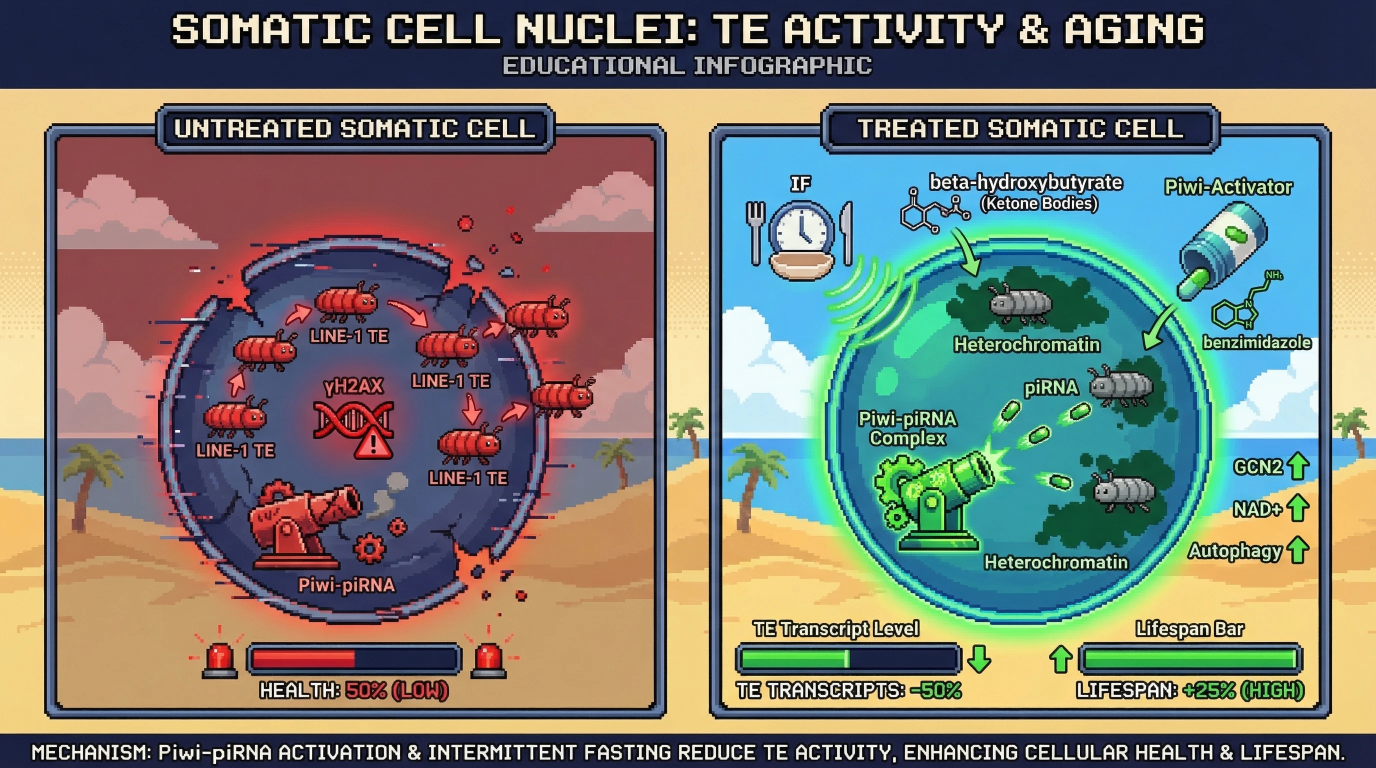 Mechanism: Intermittent fasting and a Piwi-activator induce germline-like Piwi-piRNA complexes in somatic cells, silencing transposable elements. Readout: Readout: This reduces TE transcript levels by over 50%, decreases DNA damage, and extends healthspan by 25%.