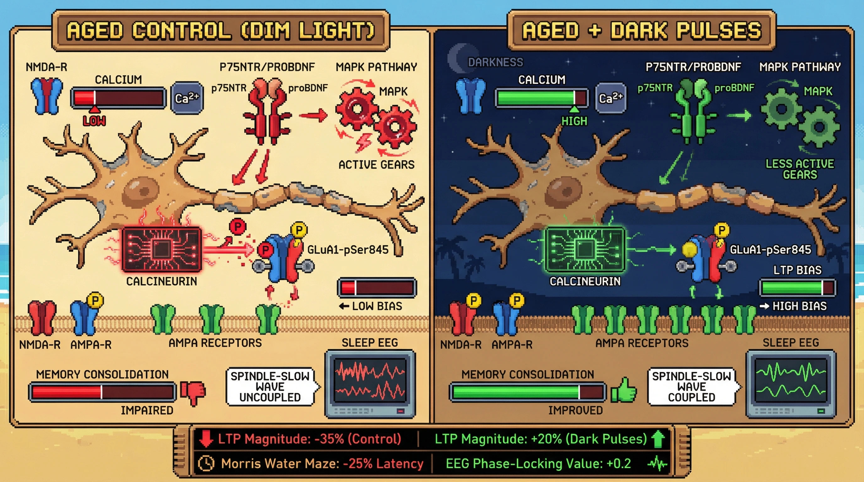 Mechanism: Intermittent darkness in aged neurons reduces calcineurin activity, promoting GluA1-pSer845 phosphorylation and increasing AMPA receptor availability for LTP. Readout: Readout: This rebalances LTP/LTD, enhances LTP magnitude by 20%, improves sleep spindle-slow wave coupling, and reduces Morris Water Maze latency by 25%.