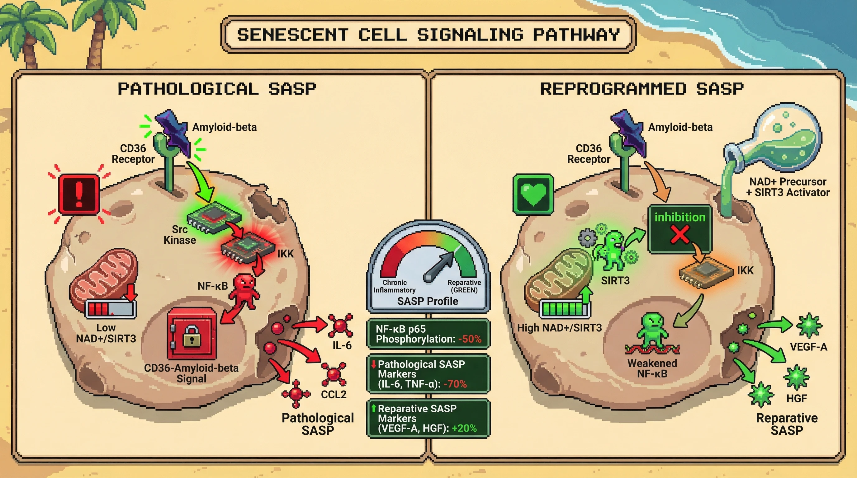 Mechanism: Boosting NAD+ and SIRT3 activity weakens CD36-amyloid-beta signaling, shifting NF-κB output from pathological to reparative SASP. Readout: Readout: NF-κB p65 phosphorylation decreases by 50%, pathological SASP markers (IL-6, TNF-α) reduce by 70%, while reparative markers (VEGF-A, HGF) increase by 20%.