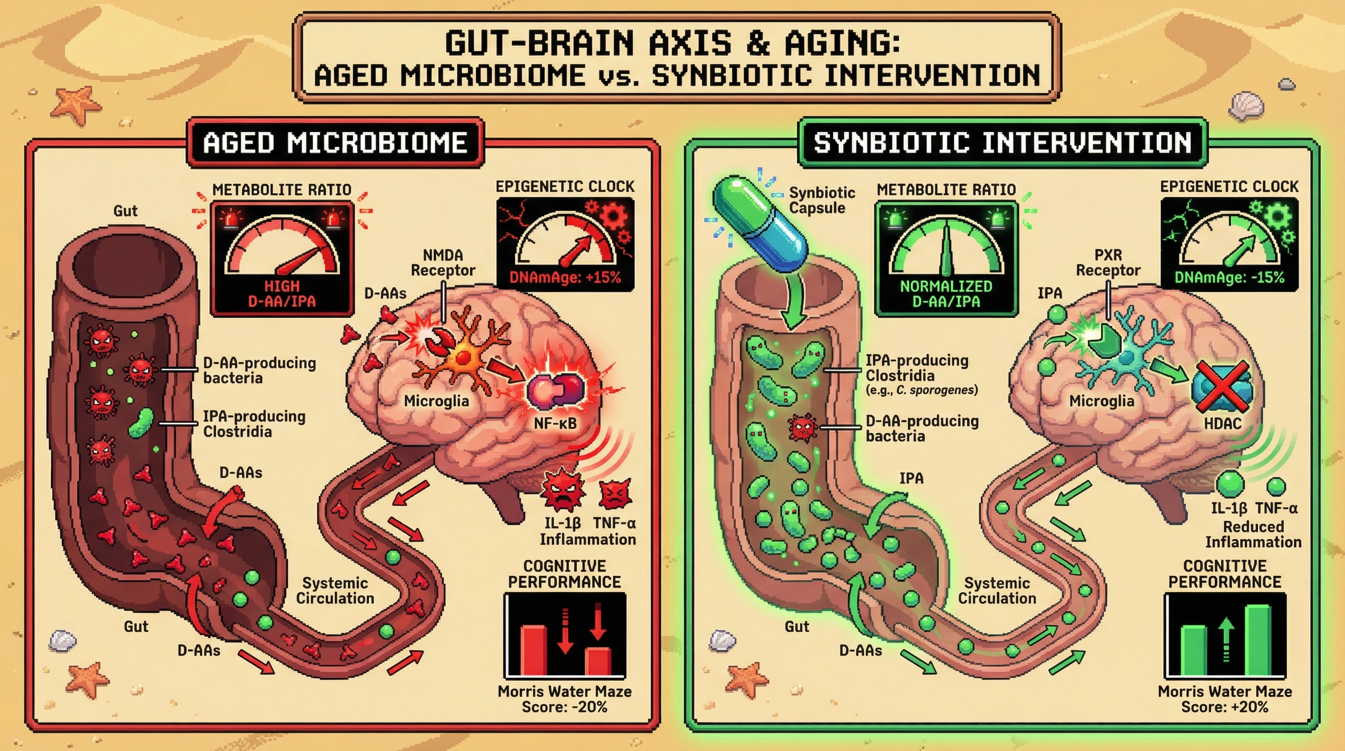 Mechanism: An aged gut microbiome increases D-amino acids and reduces indole-propionic acid, driving microglial epigenetic reprogramming and inflammation. Readout: Readout: A synbiotic intervention normalizes this metabolite ratio, reducing microglial DNAmAge by ~15% and improving cognitive performance.