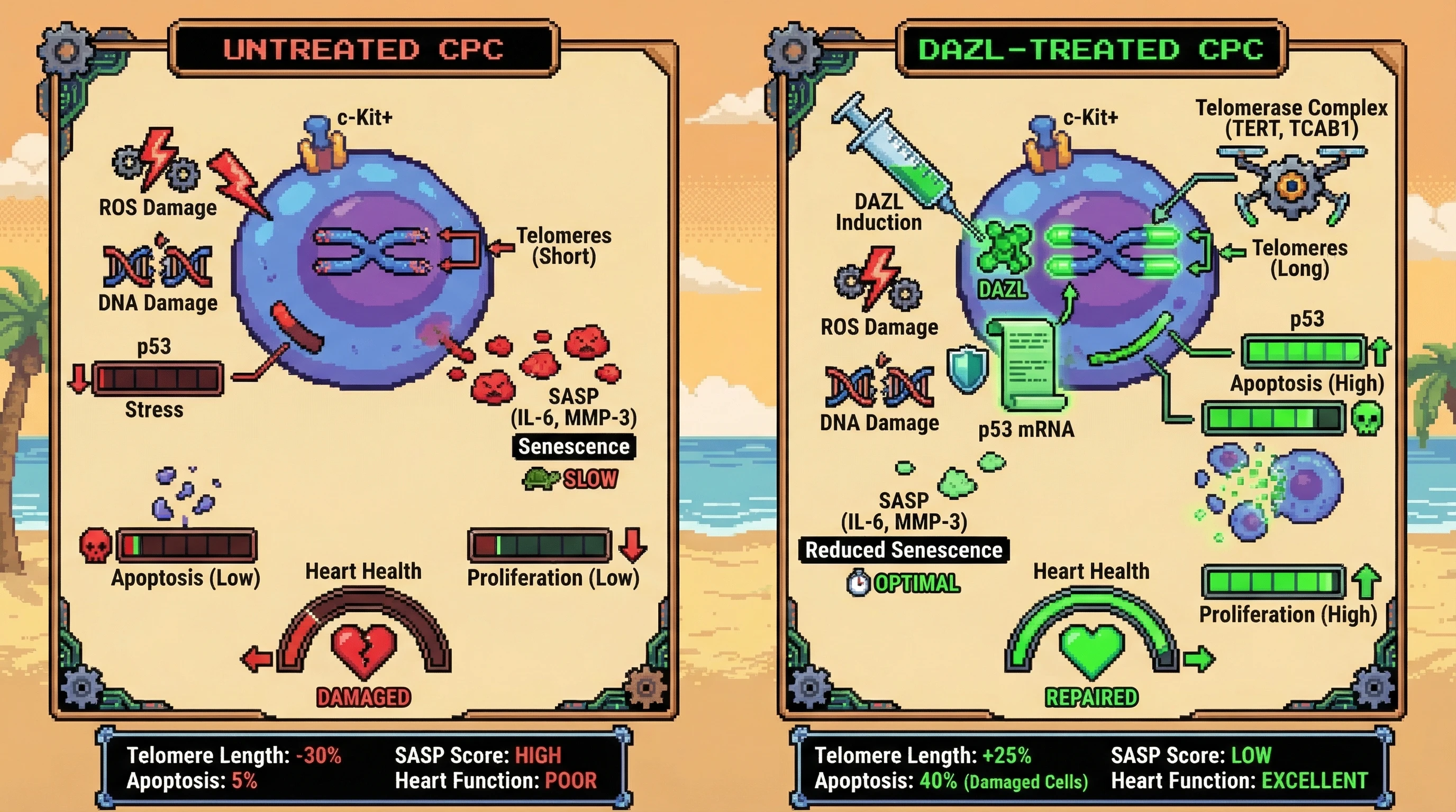 Infographic for: Germline‑Like Quality Control in Cardiac Progenitors via DAZL‑Mediated Coupling of Telomere Maintenance and Selective Apoptosis
