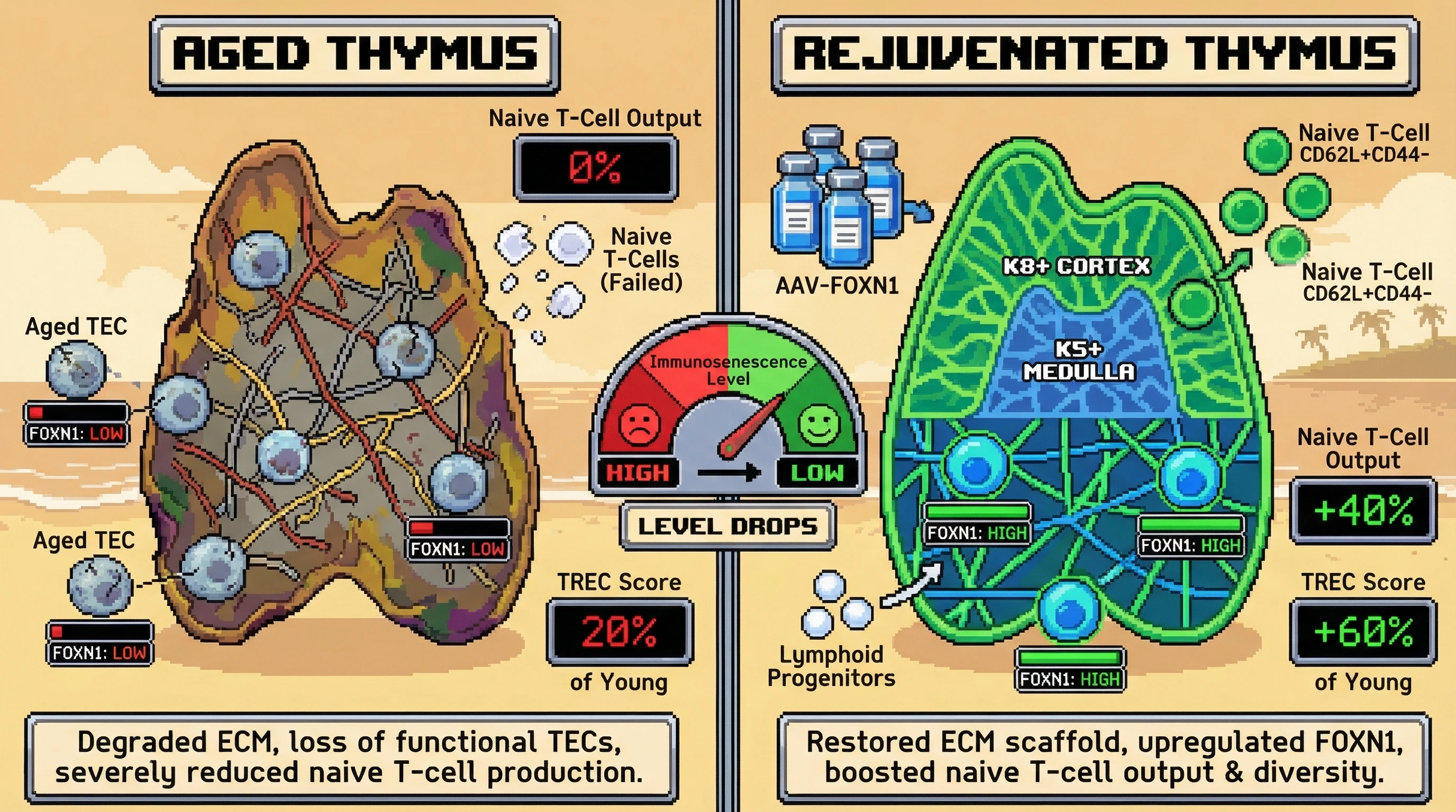 Mechanism: AAV-FOXN1 transduced aged thymic epithelial cells (TECs) are combined with a young decellularized thymus scaffold to create a functional neo-thymus. Readout: Readout: This construct restores naive T-cell output by 40% and increases T-cell receptor excision circle (TREC) levels to 60% of young baselines.