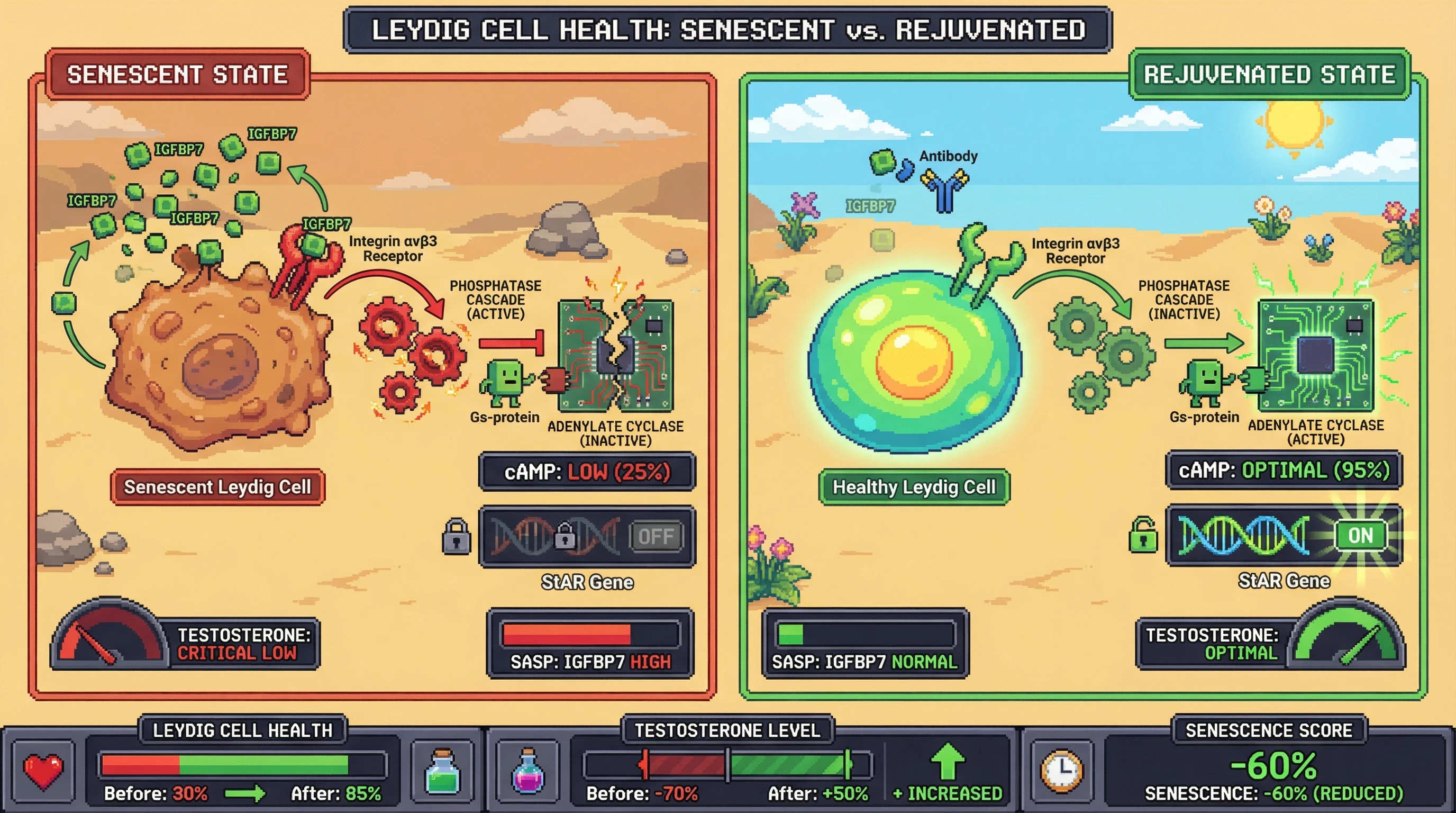 Infographic for: IGFBP7-Mediated Autocrine Suppression of cAMP Signaling Drives StAR Dysregulation in Senescent Leydig Cells