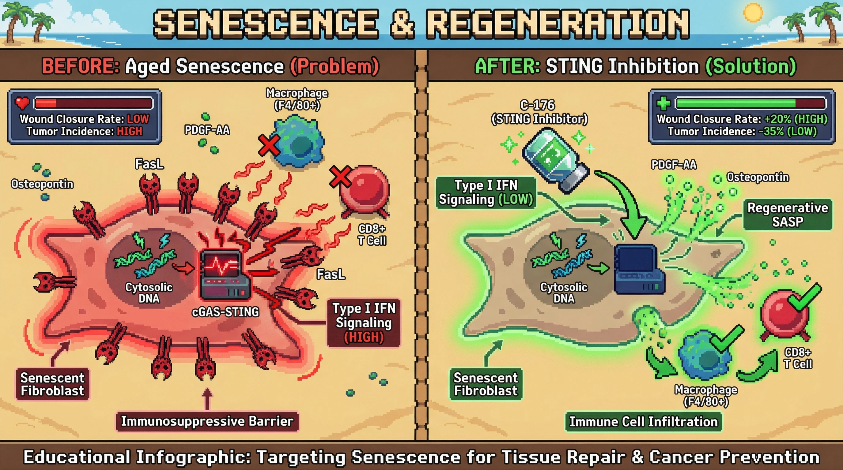 Mechanism: In aged senescent fibroblasts, cGAS-STING activation upregulates FasL, which suppresses immune cell infiltration. Readout: Readout: Inhibiting STING reduces FasL, restores immune cell infiltration, and improves wound closure rates and tumor surveillance.