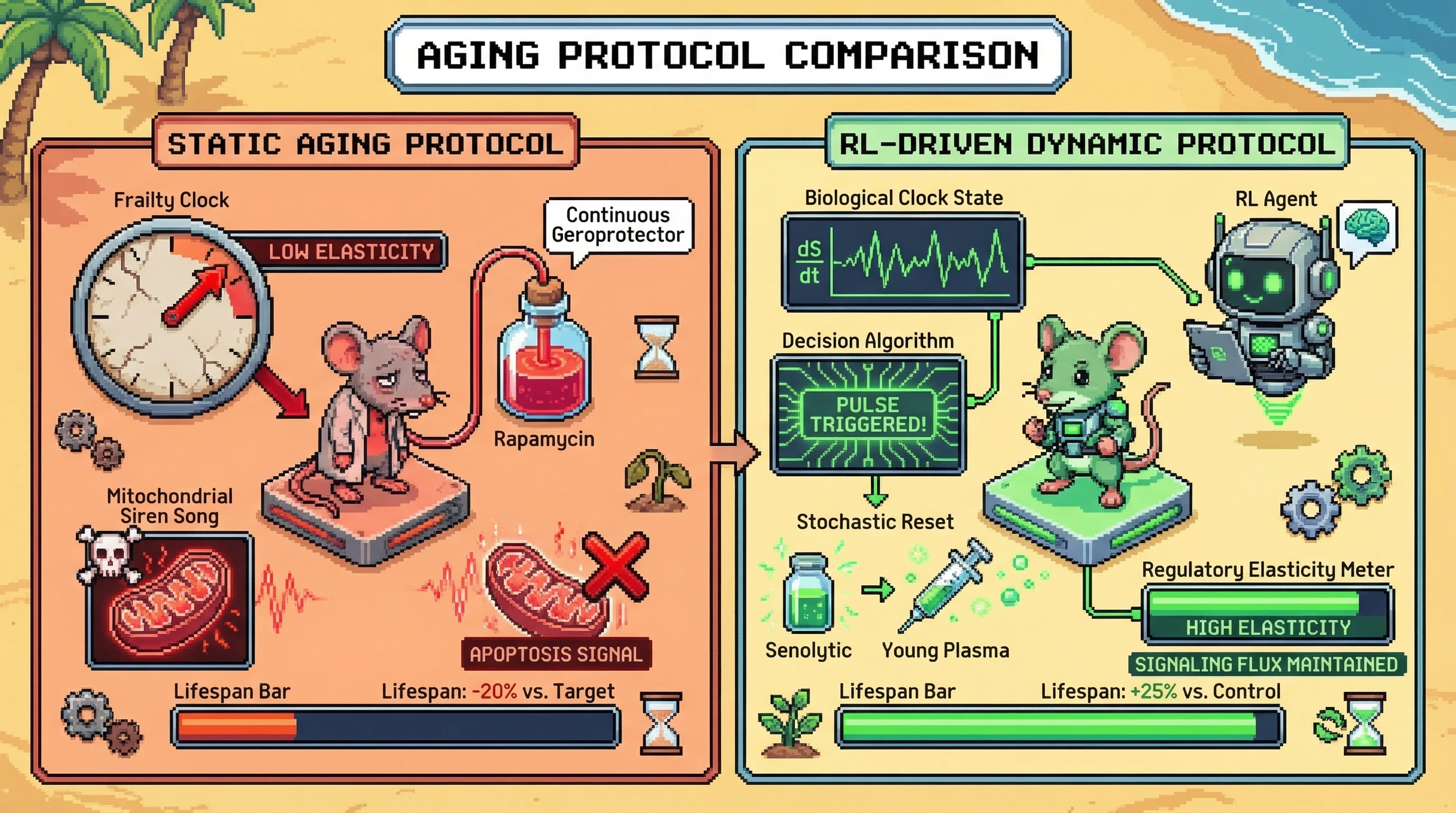 Mechanism: A Reinforcement Learning (RL) agent dynamically times interventions like senolytics and young plasma, based on biological clock states, to maximize 'Regulatory Elasticity'. Readout: Readout: This approach prevents mitochondrial signaling failure and increases lifespan by up to 25% compared to static geroprotector administration.